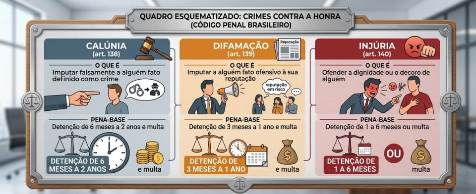Quadro esquematizado comparando os três crimes contra a honra do Código Penal Brasileiro: Calúnia (art. 138, imputar falsamente crime, pena de 6 meses a 2 anos e multa), Difamação (art. 139, imputar fato ofensivo à reputação, pena de 3 meses a 1 ano e multa) e Injúria (art. 140, ofender a dignidade ou decoro, pena de 1 a 6 meses ou multa). Cada coluna inclui ícones e ilustrações didáticas sobre a definição do crime e sua respectiva pena-base.