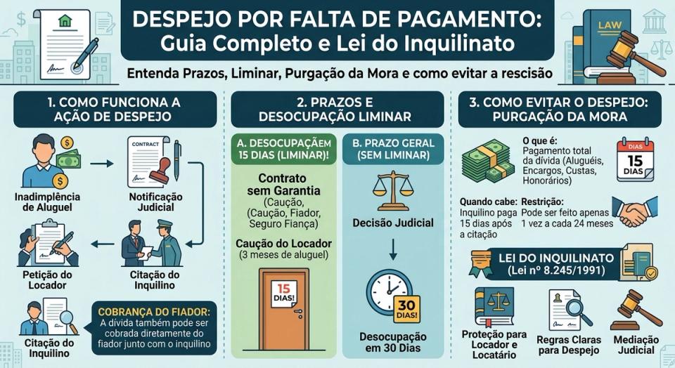 Este é um infográfico jurídico detalhado em português, intitulado no topo com um banner azul que diz: "DESPEJO POR FALTA DE PAGAMENTO: Guia Completo e Lei do Inquilinato" e subtitulado "Entenda Prazos, Liminar, Purgação da Mora e como evitar a rescisão". O estilo é de ilustrações vetoriais limpas sobre um fundo azul-claro, dividido em três colunas principais numeradas.  A primeira coluna é intitulada "1. COMO FUNCIONA A AÇÃO DE DESPEJO" em um banner verde-azulado. Ela mostra um fluxo de quatro etapas ilustradas ligadas por setas:      Etapa A (canto superior esquerdo): "Inadimplência de Aluguel", com ícone de um inquilino infeliz e dinheiro voando.      Etapa B (meio): Seta leva para "Notificação Judicial", com ícone de um papel de contrato carimbado por um juiz.      Etapa C (meio): Seta leva para "Citação do Inquilino", com ícone de dois homens, incluindo um policial, entregando um papel.      Etapa D (meio inferior): Seta leva para "Petição do Locador", com ícone de duas pessoas com pranchetas e canetas escrevendo.      Um ícone menor no canto inferior esquerdo repete "Citação do Inquilino" com uma lupa.      Uma caixa de destaque verde-escura no canto inferior esquerdo avisa: "COBRANÇA DO FIADOR: A dívida também pode ser cobrada diretamente do fiador junto com o inquilino".  A segunda coluna é intitulada "2. PRAZOS E DESOCUPAÇÃO LIMINAR" em um banner verde-azulado. Ela é subdividida em duas seções em verde-claro:      Subseção A (esquerda): "A. DESOCUPAÇÃO EM 15 DIAS (LIMINAR)!", com ícone de uma porta com uma placa pendurada na maçaneta que diz "15 DIAS!". O texto lista condições: "Contrato sem Garantia (Caução, Caução, Fiador, Seguro Fiança)" e "Caução do Locador (3 meses de aluguel)".      Subseção B (direita): "B. PRAZO GERAL (SEM LIMINAR)", com ícone de uma balança da justiça dourada. Uma seta para baixo leva a "Decisão Judicial", um ícone de relógio e um calendário com "30 DIAS!", terminando com "Desocupação em 30 Dias".  A terceira coluna é intitulada "3. COMO EVITAR O DESPEJO: PURGAÇÃO DA MORA" em um banner verde-azulado. Ela detalha o processo de pagamento da dívida com ícones de dinheiro e aperto de mãos:      "O que é: Pagamento total da dívida (Aluguéis, Encargos, Custas, Honorários)".      "Quando cabe: Inquilino paga 15 dias após a citação", com ícone de aperto de mãos.      "Restrição: Pode ser feito apenas 1 vez a cada 24 meses".  A parte inferior central do infográfico foca na "LEI DO INQUILINATO (Lei nº 8.245/1991)", com um ícone de martelo de juiz sobre um livro de leis. Abaixo, três tópicos ilustrados listam benefícios da lei:      "Proteção para Locador e Locatário", com ícone de balança.      "Regras Claras para Despejo", com ícone de papel e lupa.      "Mediação Judicial", com ícone de martelo.