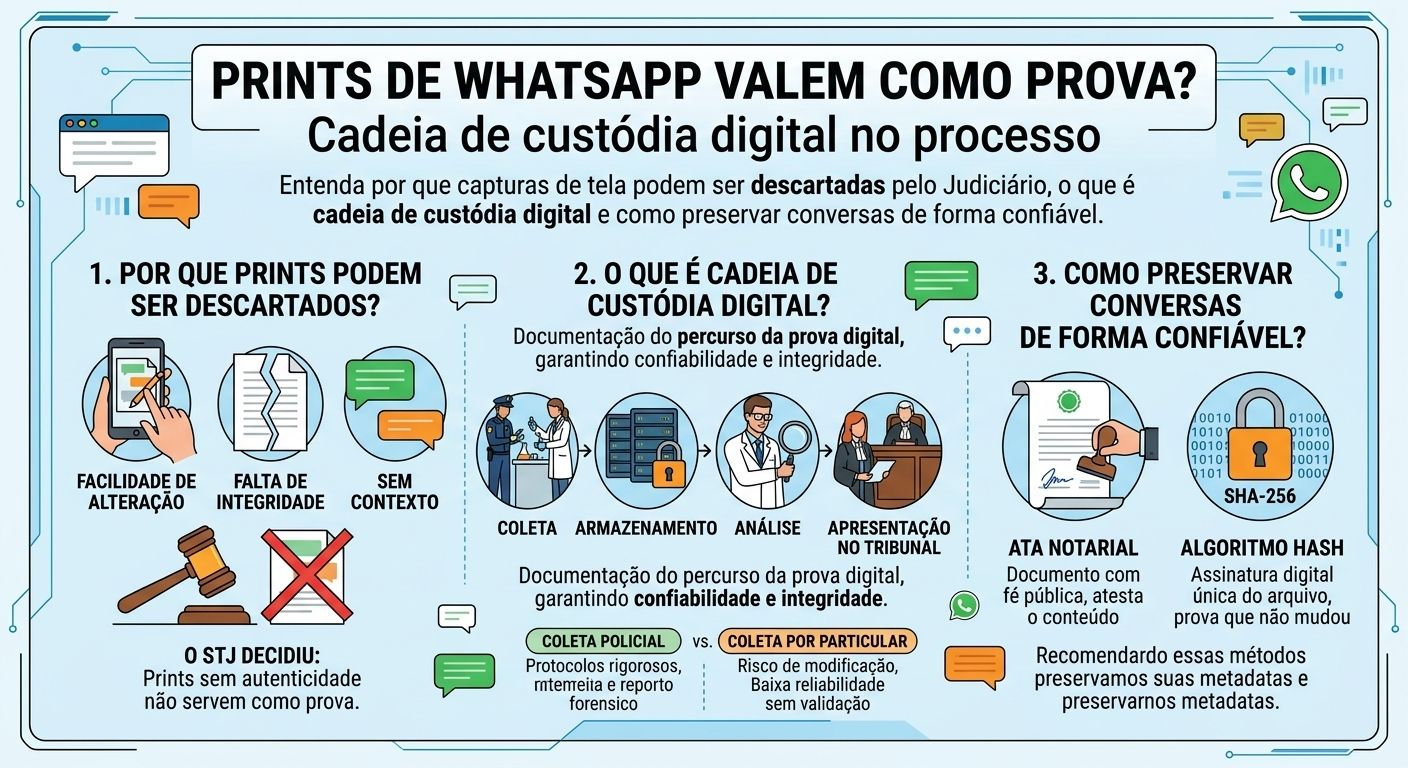 Infográfico jurídico em fundo claro com o título "PRINTS DE WHATSAPP VALEM COMO PROVA? Cadeia de custódia digital no processo" e subtítulo "Entenda por que capturas de tela podem ser descartadas pelo Judiciário, o que é cadeia de custódia digital e como preservar conversas de forma confiável". O conteúdo está organizado em três colunas informativas:      Por que prints podem ser descartados? Aponta três motivos principais: facilidade de alteração, falta de integridade e ausência de contexto. Destaca a decisão do STJ de que prints sem autenticidade não servem como prova jurídica.      O que é cadeia de custódia digital? Define o conceito como a documentação do percurso da prova digital para garantir confiabilidade e integridade, dividida em quatro etapas: Coleta, Armazenamento, Análise e Apresentação no Tribunal. Faz também a comparação entre a Coleta Policial (protocolos rigorosos) e a Coleta por Particular (risco de modificação e baixa confiabilidade).      Como preservar conversas de forma confiável? Apresenta duas soluções principais: a Ata Notarial (documento em cartório com fé pública que atesta o conteúdo) e o Algoritmo Hash / SHA-256 (assinatura digital única que garante que o arquivo não foi alterado).