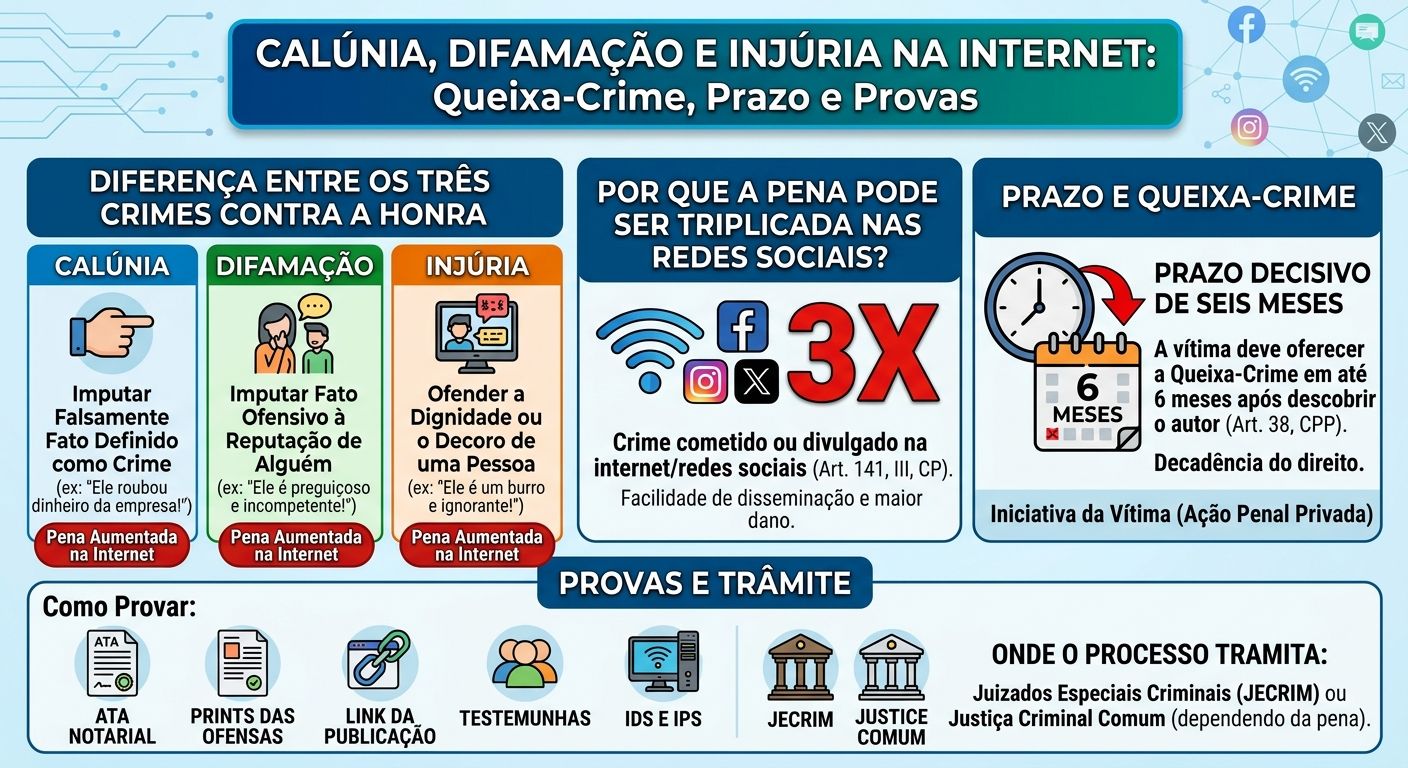 Infográfico jurídico sobre "Calúnia, Difamação e Injúria na Internet: Queixa-Crime, Prazo e Provas". O conteúdo está organizado em blocos informativos:      Diferença entre os três crimes contra a honra:      Calúnia: imputar falsamente fato definido como crime (ex: "Ele roubou dinheiro da empresa!").      Difamação: imputar fato ofensivo à reputação (ex: "Ele é preguiçoso e incompetente!").      Injúria: ofender a dignidade ou decoro de uma pessoa (ex: "Ele é um burro e ignorante!").     Todos apontam pena aumentada quando cometidos na internet.      Pena Triplicada nas Redes Sociais (3X): explica que o crime cometido ou divulgado na internet tem pena triplicada (Art. 141, III, do Código Penal) pela facilidade de disseminação e maior dano.      Prazo e Queixa-Crime: destaca o prazo decisivo de 6 meses para a vítima oferecer a queixa-crime após descobrir quem é o autor (Art. 38 do CPP), por se tratar de Ação Penal Privada.      Provas e Trâmite: na parte inferior, lista formas de provar o crime (Ata Notarial, prints das ofensas, link da publicação, testemunhas e registros de IDs e IPs) e onde o processo tramita (Juizados Especiais Criminais - JECRIM ou Justiça Criminal Comum).