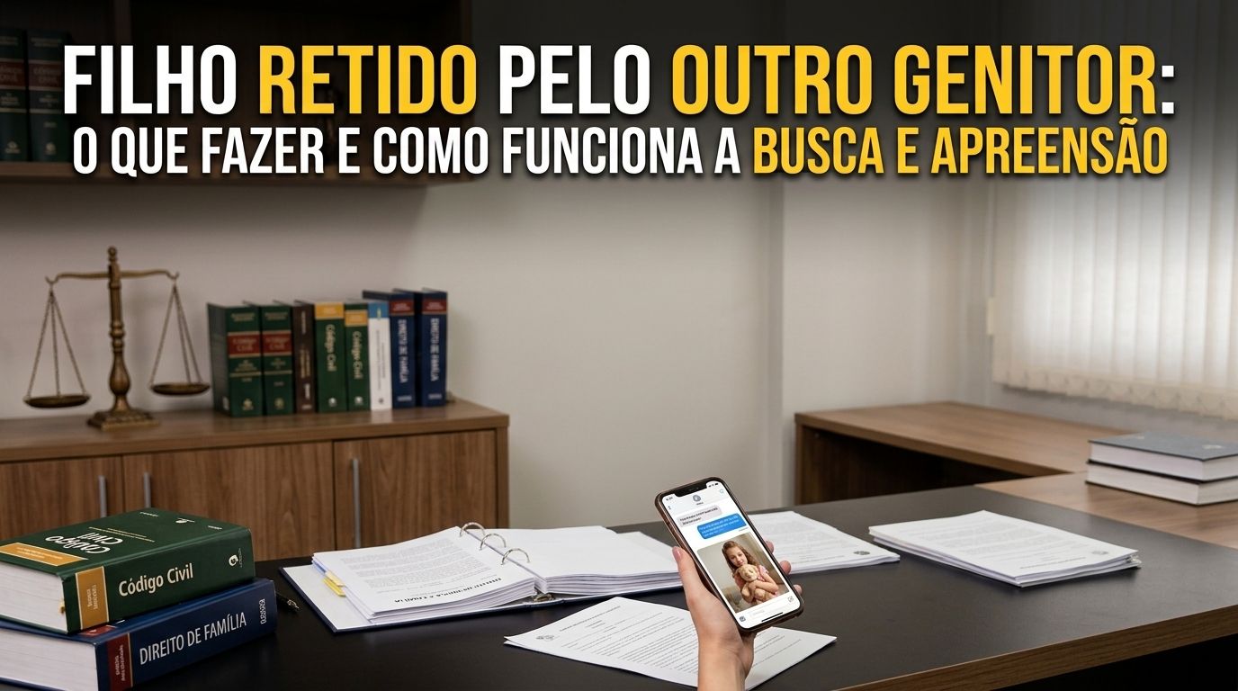 Imagem de capa para artigo jurídico com o título em destaque "FILHO RETIDO PELO OUTRO GENITOR: O QUE FAZER E COMO FUNCIONA A BUSCA E APREENSÃO". A cena mostra uma mesa de escritório de advocacia organizada, sem a presença de pessoas. Em primeiro plano, sobre a mesa escura, destacam-se documentos impressos, pastas e um smartphone exibindo a tela de um aplicativo de mensagens com a foto de uma criança, além de livros de leis rotulados como "Código Civil" e "Direito de Família". Ao fundo, há um aparador de madeira com uma balança da justiça tradicional, estantes com livros jurídicos e uma janela com persianas, transmitindo um ambiente profissional.