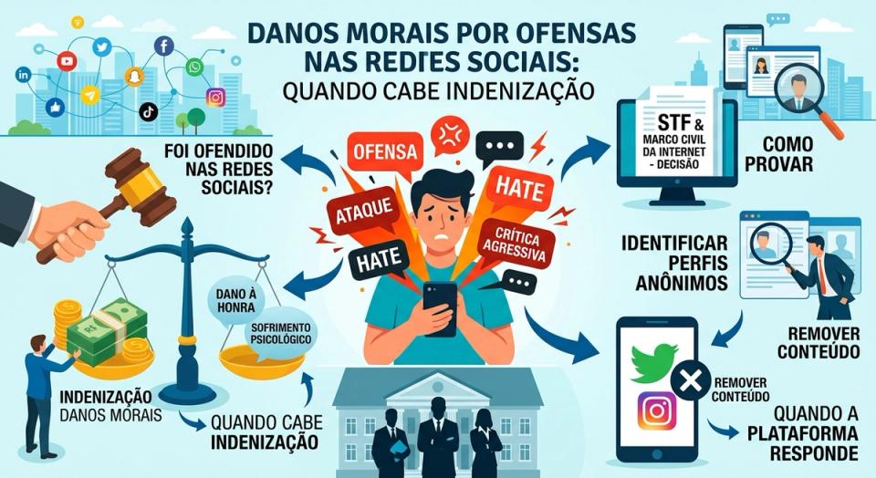 Um infográfico ilustrado de estilo moderno e vetorizado, com o título principal: "DANOS MORAIS POR OFENSAS NAS REDES SOCIAIS: QUANDO CABE INDENIZAÇÃO". O design utiliza tons de azul, verde e toques de laranja e vermelho para destacar conflitos.  O infográfico é dividido em três seções principais organizadas ao redor de uma figura central:      Cena Central e Título: No centro, um jovem com expressão angustiada segura um smartphone. Balões de diálogo e etiquetas vermelhas emergem da tela do telefone com palavras como "OFENSA", "ATAQUE", "HATE" e "CRÍTICA AGRESSIVA". Ele está de pé atrás de um prédio genérico que representa um tribunal, com silhuetas de advogados à frente. Acima dele, ícones de redes sociais (como Twitter, Facebook, Instagram e TikTok) estão conectados por linhas de rede.      Seção Esquerda: Processo e Indenização: Uma mão segurando um martelo de juiz é exibida com o texto: "FOI OFENDIDO NAS REDES SOCIAIS?". Abaixo, há uma balança clássica da justiça. Um prato segura pilhas de dinheiro em Reais rotuladas como "INDENIZAÇÃO DANOS MORAIS". O outro prato segura balões para "DANO À HONRA" e "SOFRIMENTO PSICOLÓGICO". Uma seta aponta para o texto "QUANDO CABE INDENIZAÇÃO".      Seção Direita: Provas, Identificação e Remoção:          No topo, um monitor de computador exibe um documento com o texto: "STF & MARCO CIVIL DA INTERNET - DECISÃO".          Ao lado, um painel com uma lupa sobre perfis de usuários é intitulado "COMO PROVAR".          Abaixo, um painel mostra uma lupa pesquisando perfis anônimos com etiquetas "IDENTIFICAR PERFIS ANÔNIMOS".          Na parte inferior, um painel com um smartphone exibe ícones de redes sociais genéricas com um 'X' vermelho sobre eles e uma lixeira, rotulado "REMOVER CONTEÚDO". Setas apontam para o painel final: "QUANDO A PLATAFORMA RESPONDE".