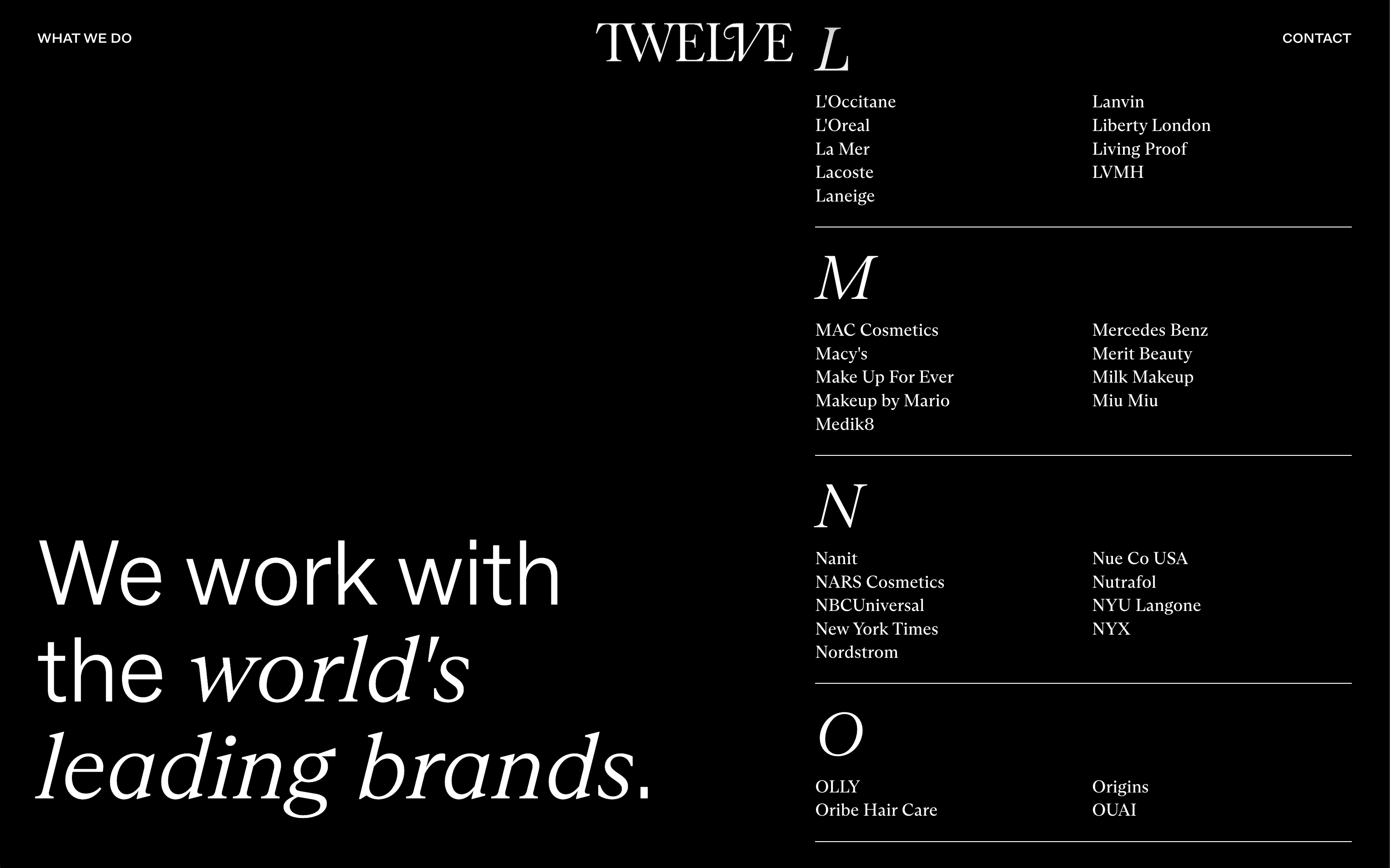 A text layout listing various clients in alphabetical order