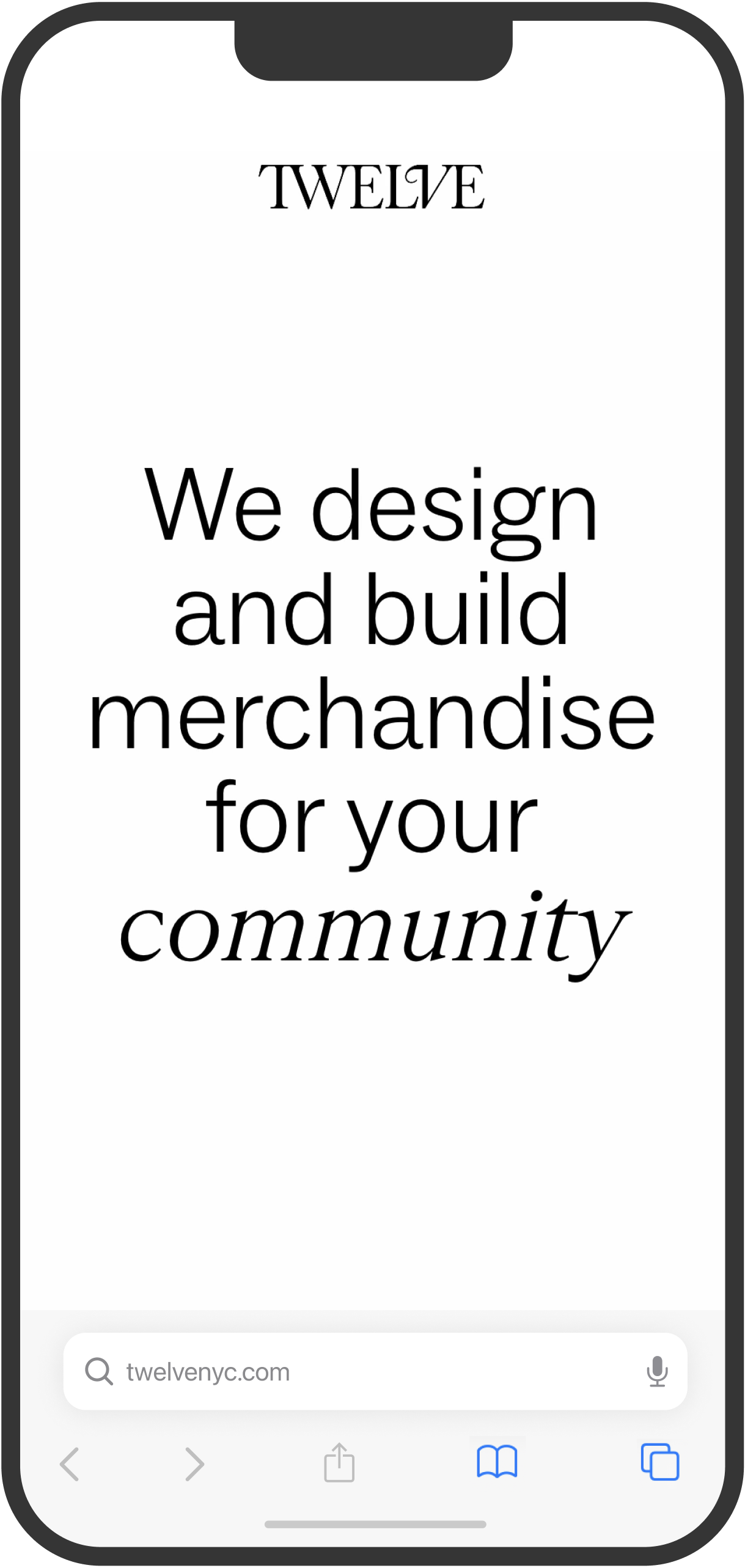A mockup of a cell phone with the text "We design and build merchandise for your community" on a white background