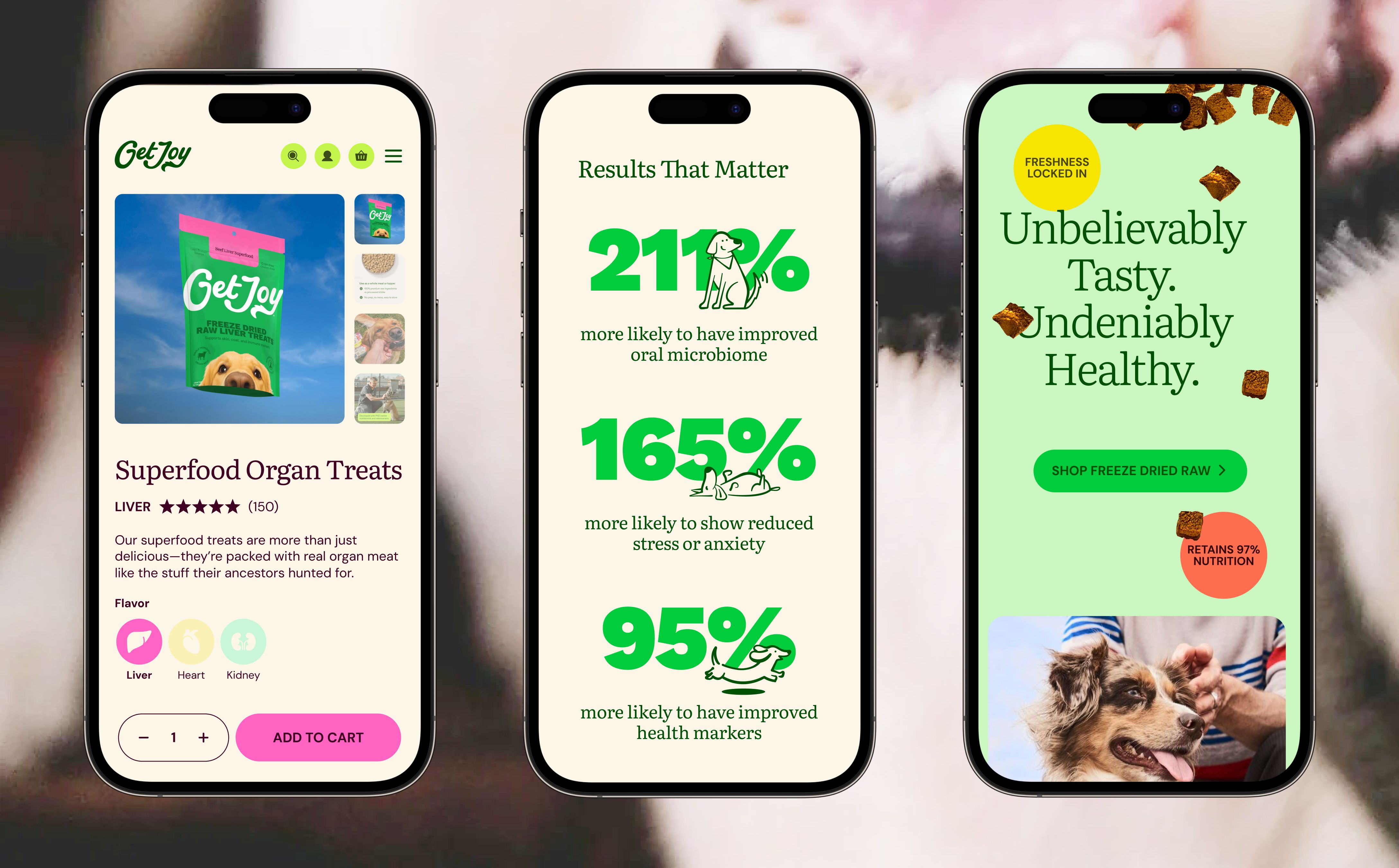 three phone screens displaying mobile interfaces