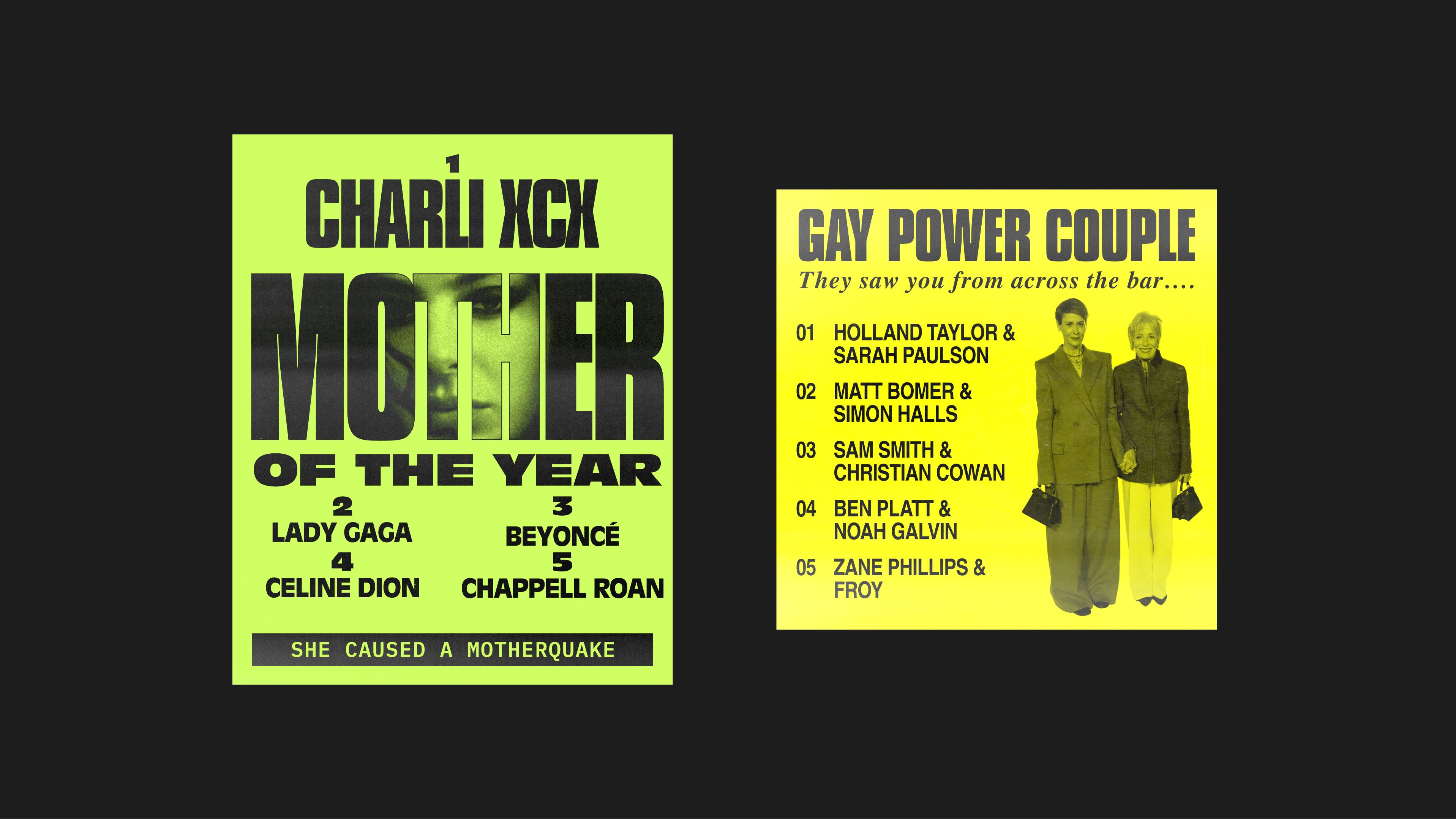 An image of Charli XCX that says "mother of the year" and an image of Holland Taylor and Sarah Paulson standing wearing pantsuits.