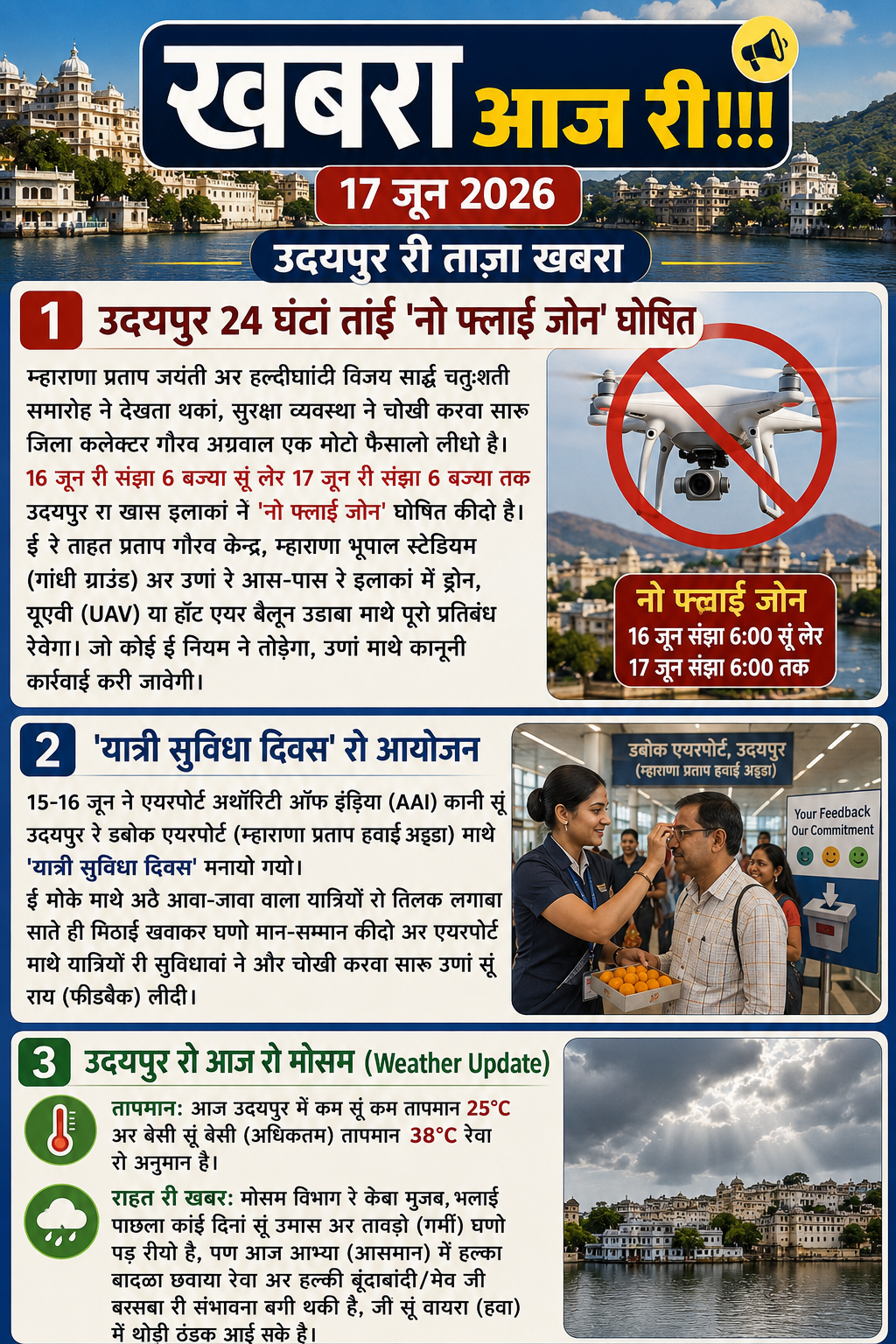 उदयपुर 24 घंटां तांई 'नो फ्लाई जोन' घोषित
म्हाराणा प्रताप जयंती अर हल्दीघाटी विजय सार्द्ध चतुःशती समारोह ने देखता थकां, सुरक्षा व्यवस्था है