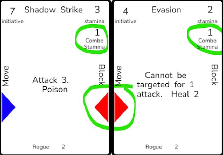 Early prototype Rogue cards showing how matching side symbols reduce stamina costs when cards are played in the correct order.