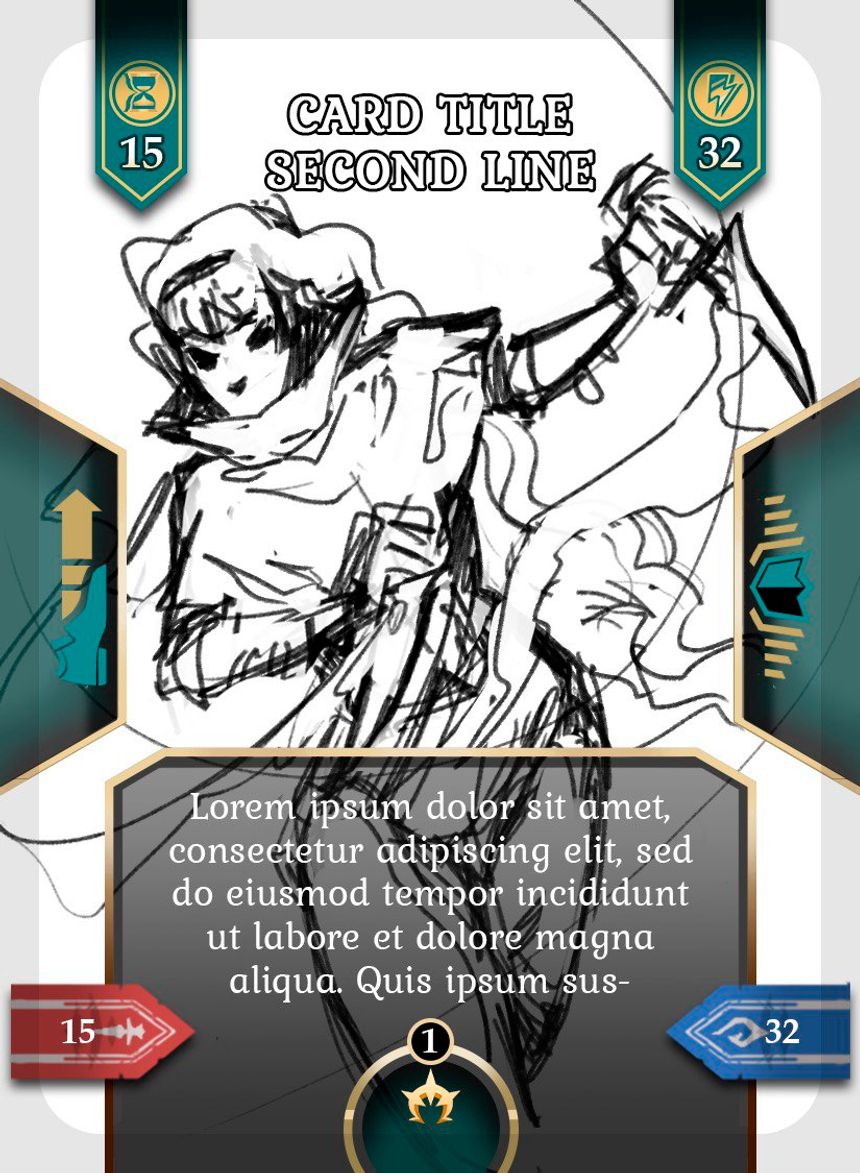 Early Rogue ability card mockup showing rough character art inside a prototype card layout with icons, values, and effect text.