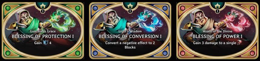 Three Cleric Bless cards from DarkVael showing protection, conversion, and power effects in green, blue, and red card frames.