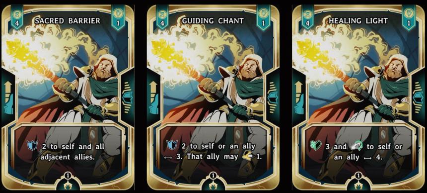 Three Cleric ability cards showing healing, protection, and support actions.