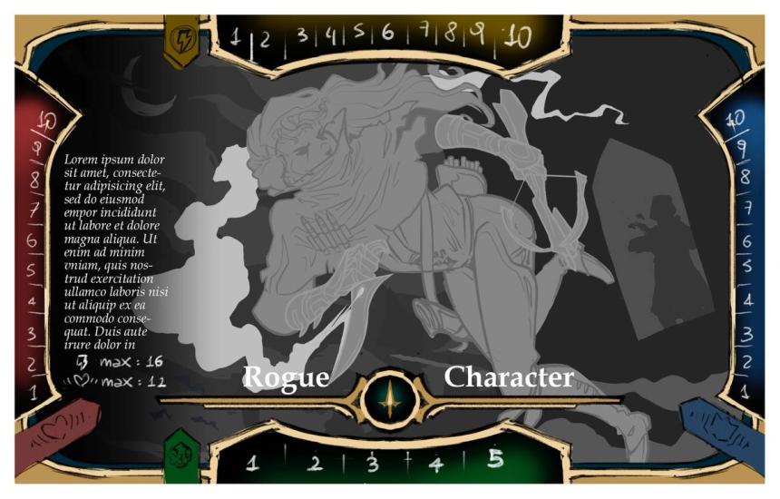 Early Rogue character board mockup showing the class art placed inside a prototype DarkVael player board with health, stamina, and tracker areas.