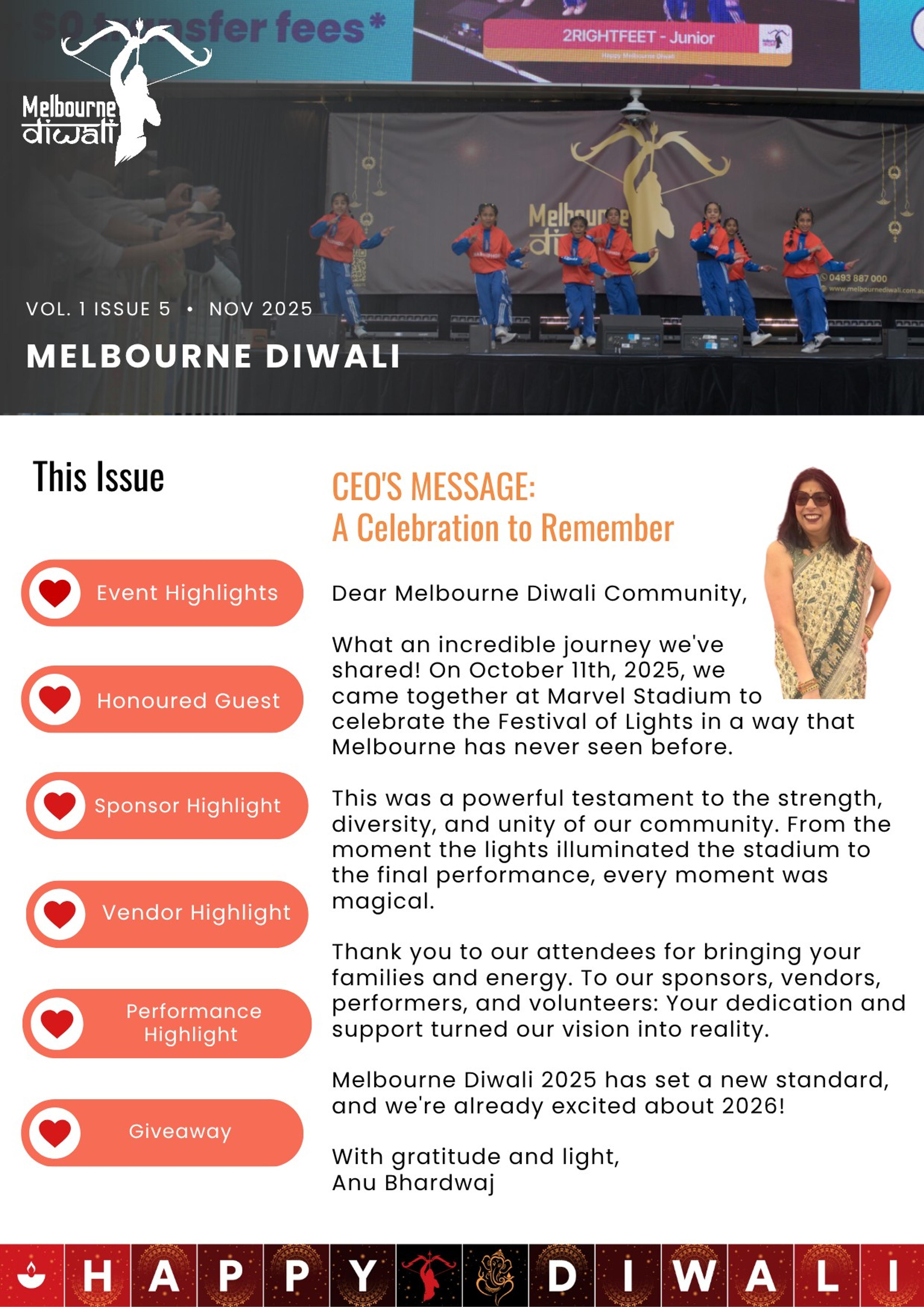 Cover of the November 2025 Melbourne Diwali newsletter