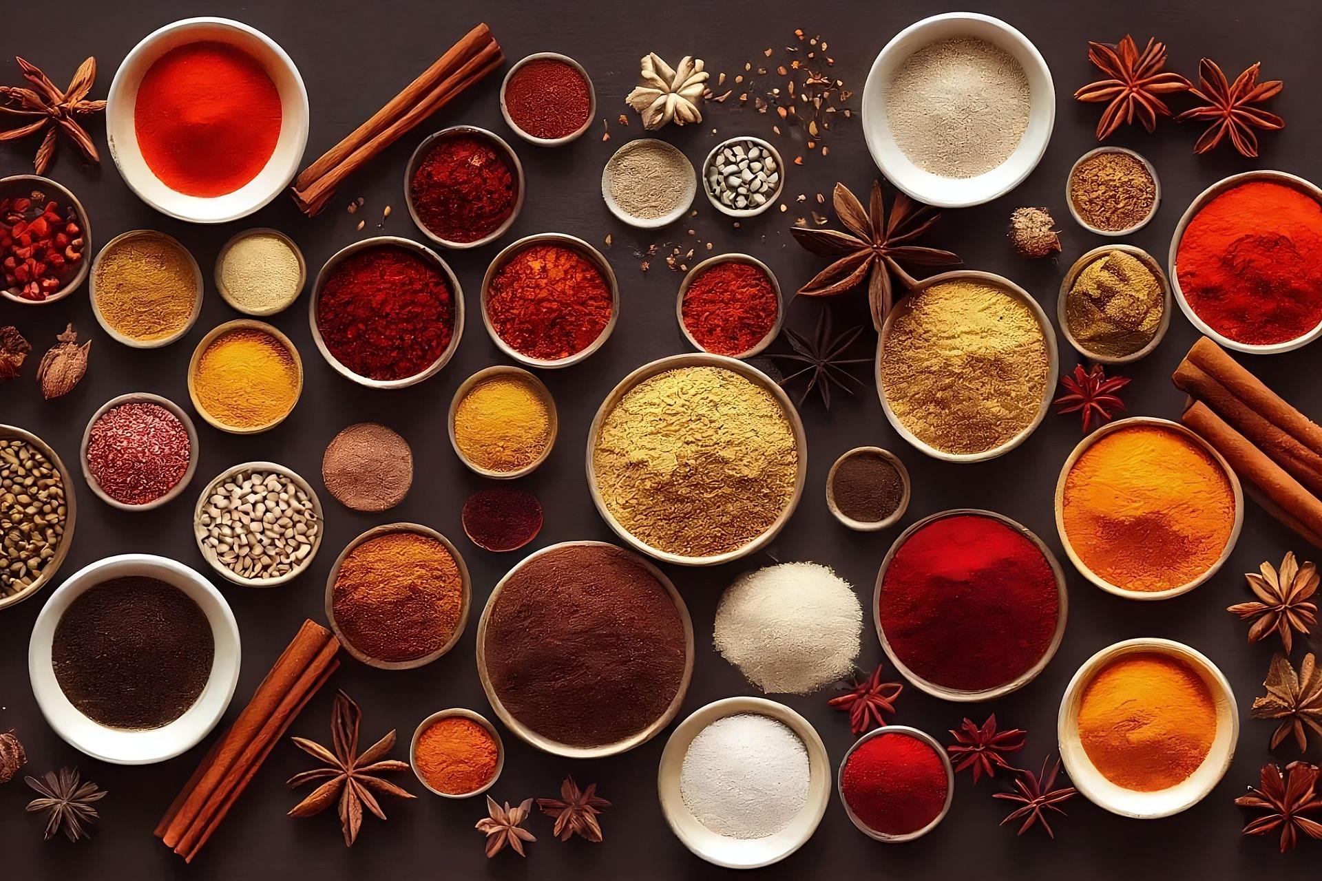 Bowls of Indian spices including turmeric, chilli, cumin, cinnamon and star anise laid out on a dark bench