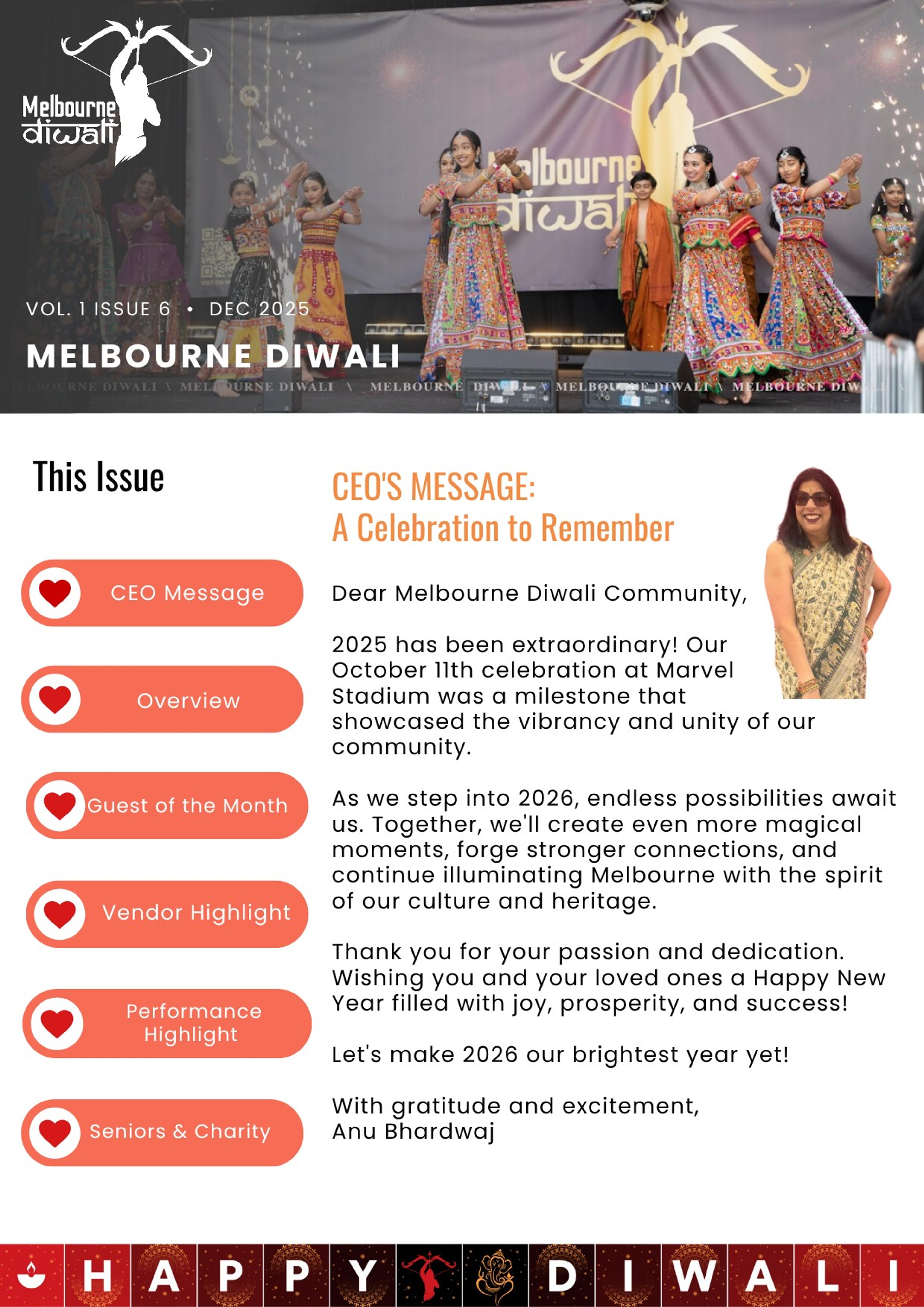 Cover of the December 2025 Melbourne Diwali newsletter