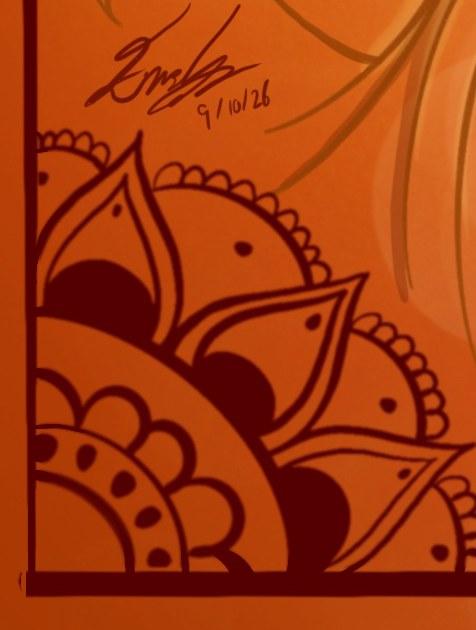 Detail of the poster: a floral corner pattern and Emma Clarke's signature dated 9/10/26