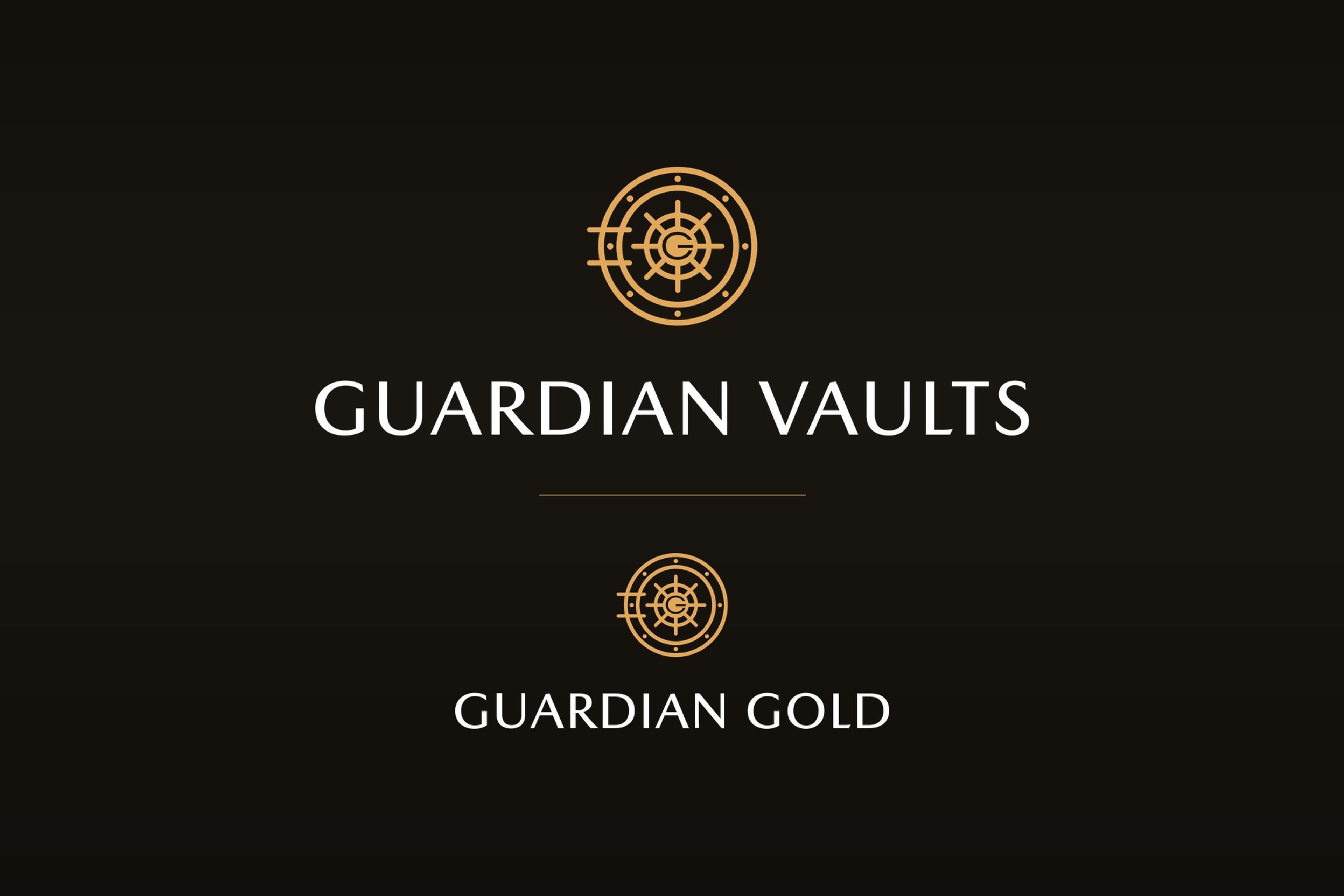 Guardian Vaults and Guardian Gold logos on a dark background, each a gold vault-door emblem above its wordmark