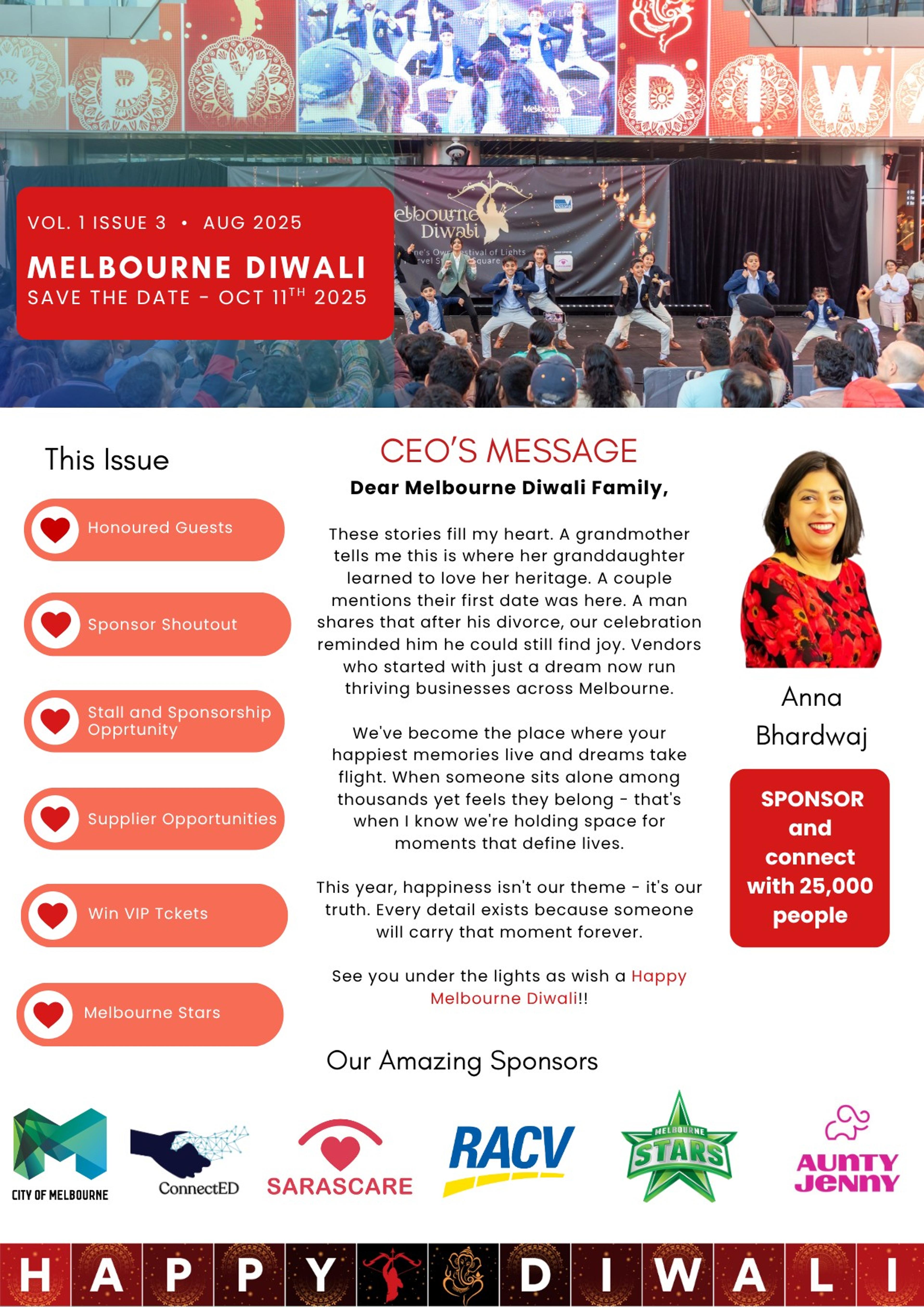 Cover of the August 2025 Melbourne Diwali newsletter