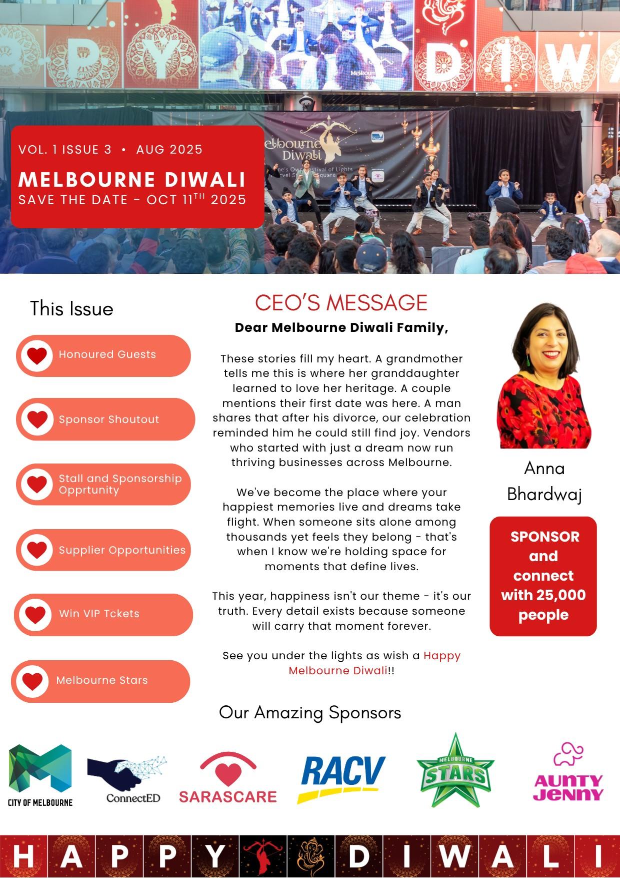 Cover of the August 2025 Melbourne Diwali newsletter