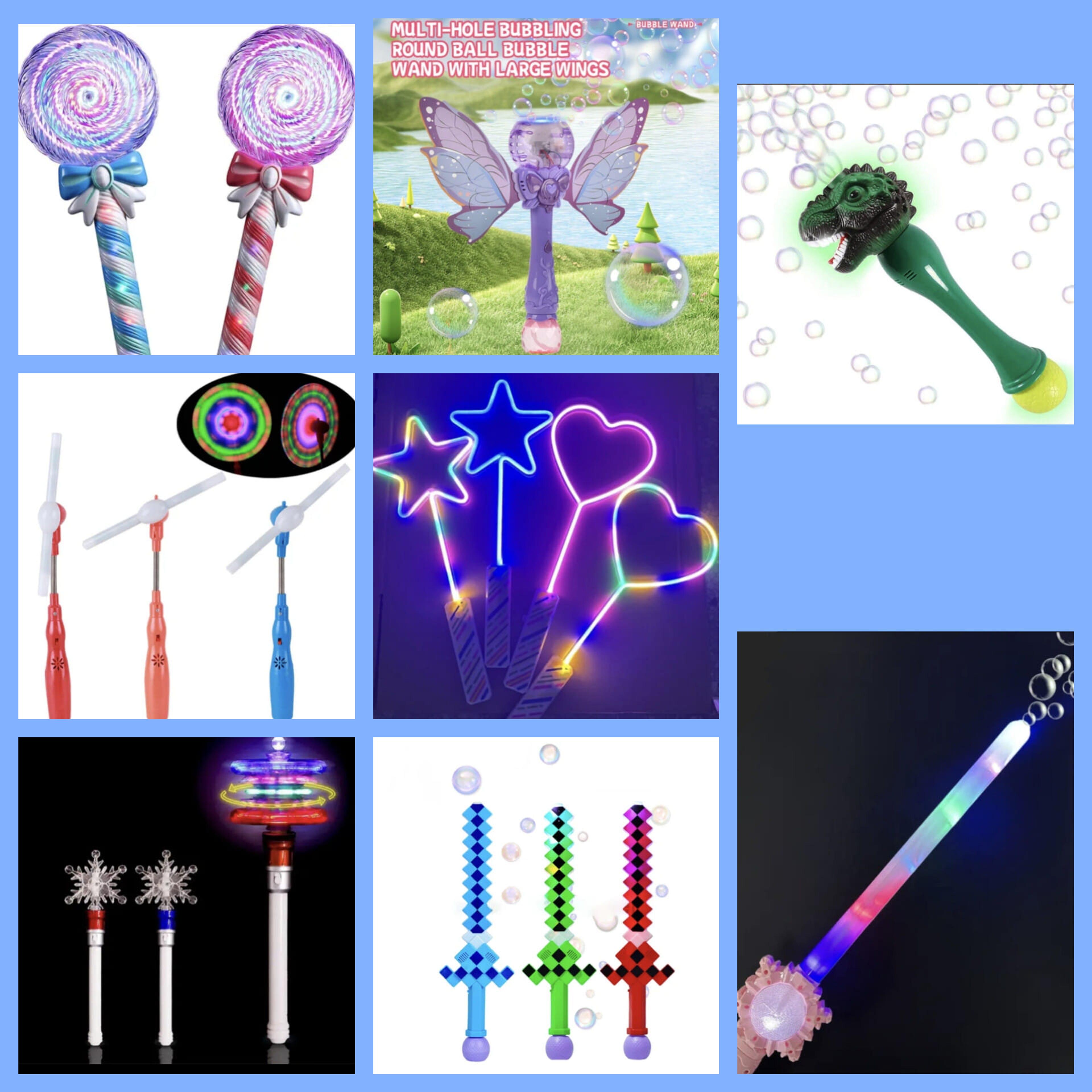 Kids Glow light-up wands, bubble guns and glowing toys