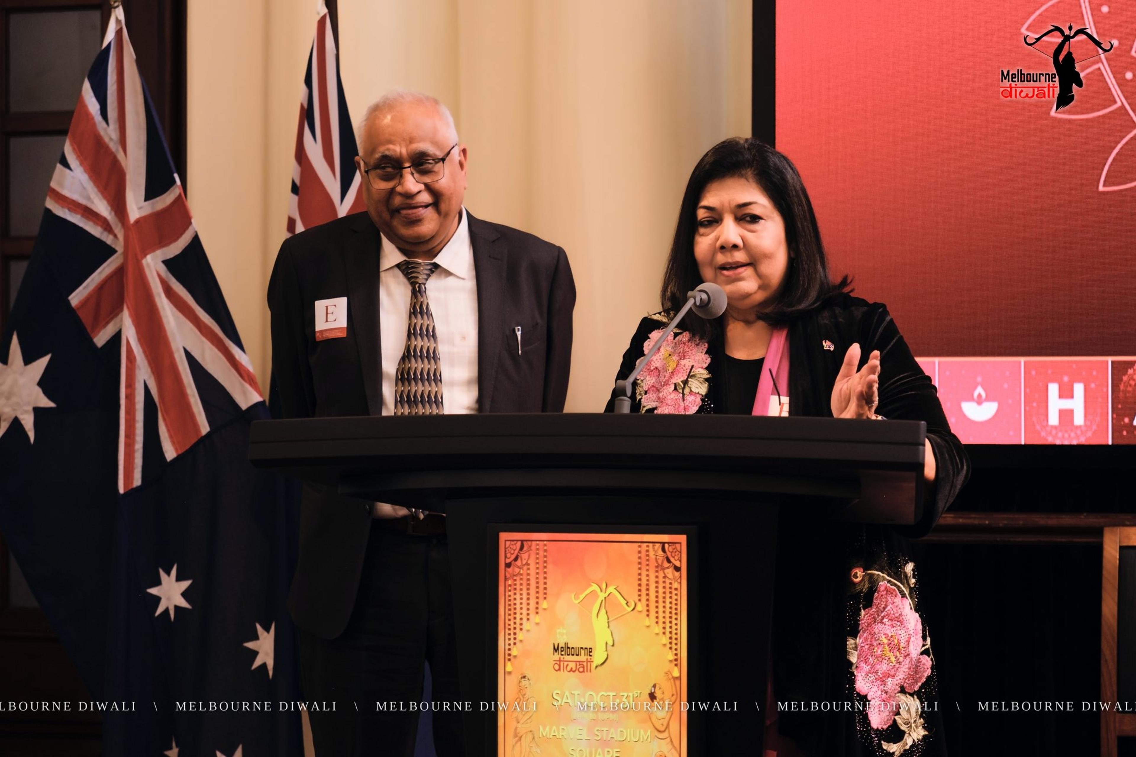 Sheba Nandkeolyar speaks for Fortune Foods, with a Fortune Foods colleague beside her at the lectern