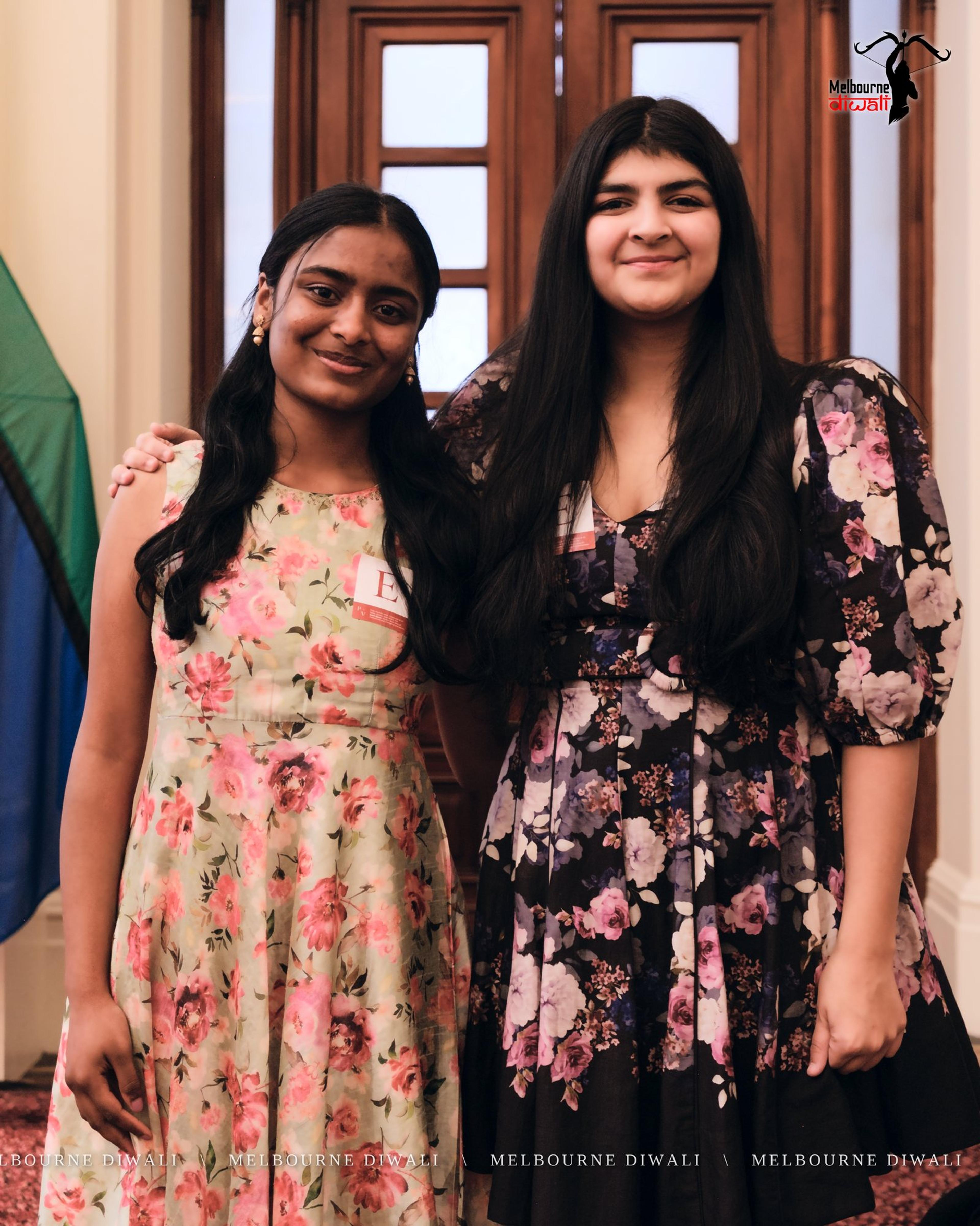 The MCs, Kyra Gupta and Sudeeksha Addagudi, before the programme in Queen's Hall