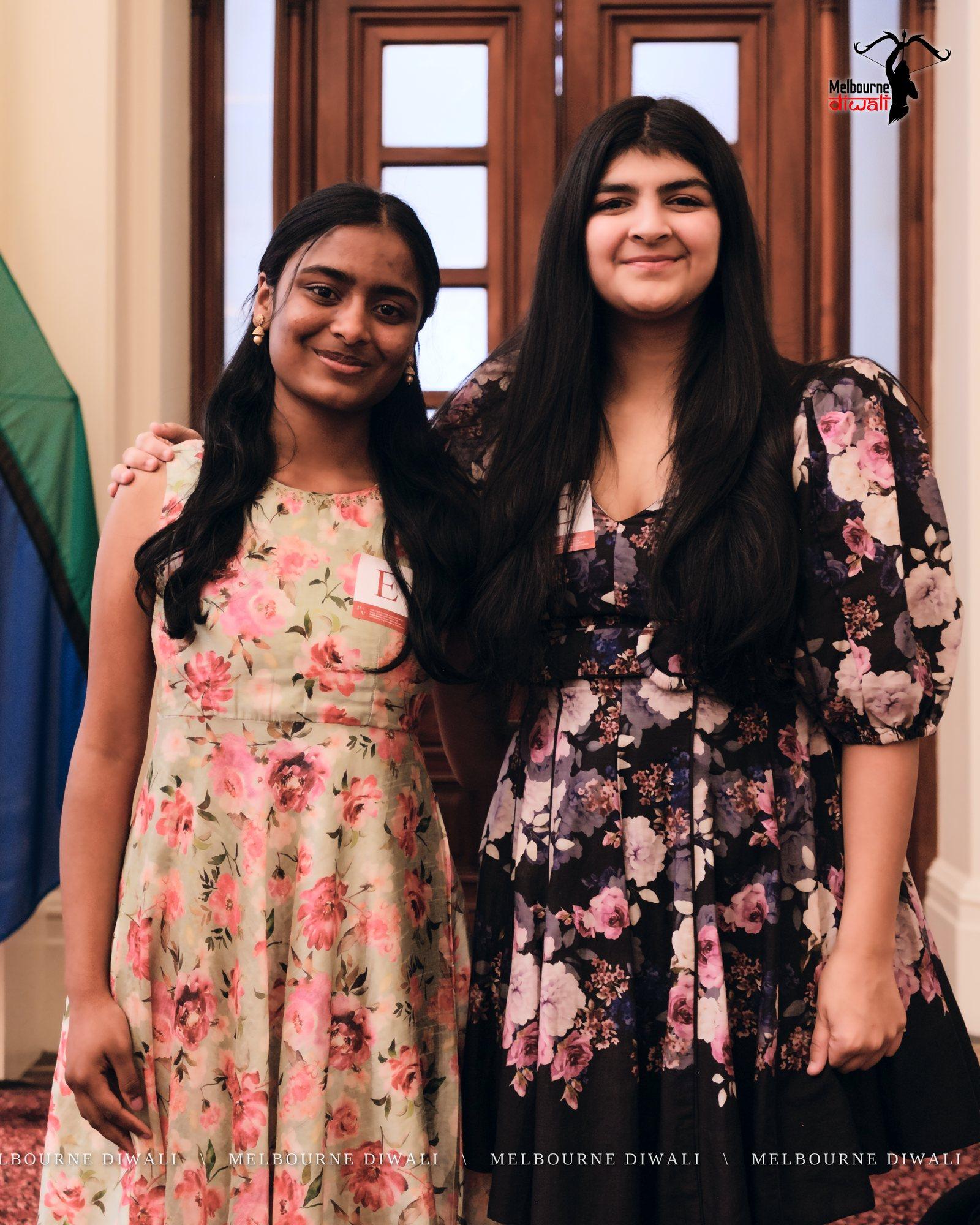 The MCs, Kyra Gupta and Sudeeksha Addagudi, before the programme in Queen's Hall
