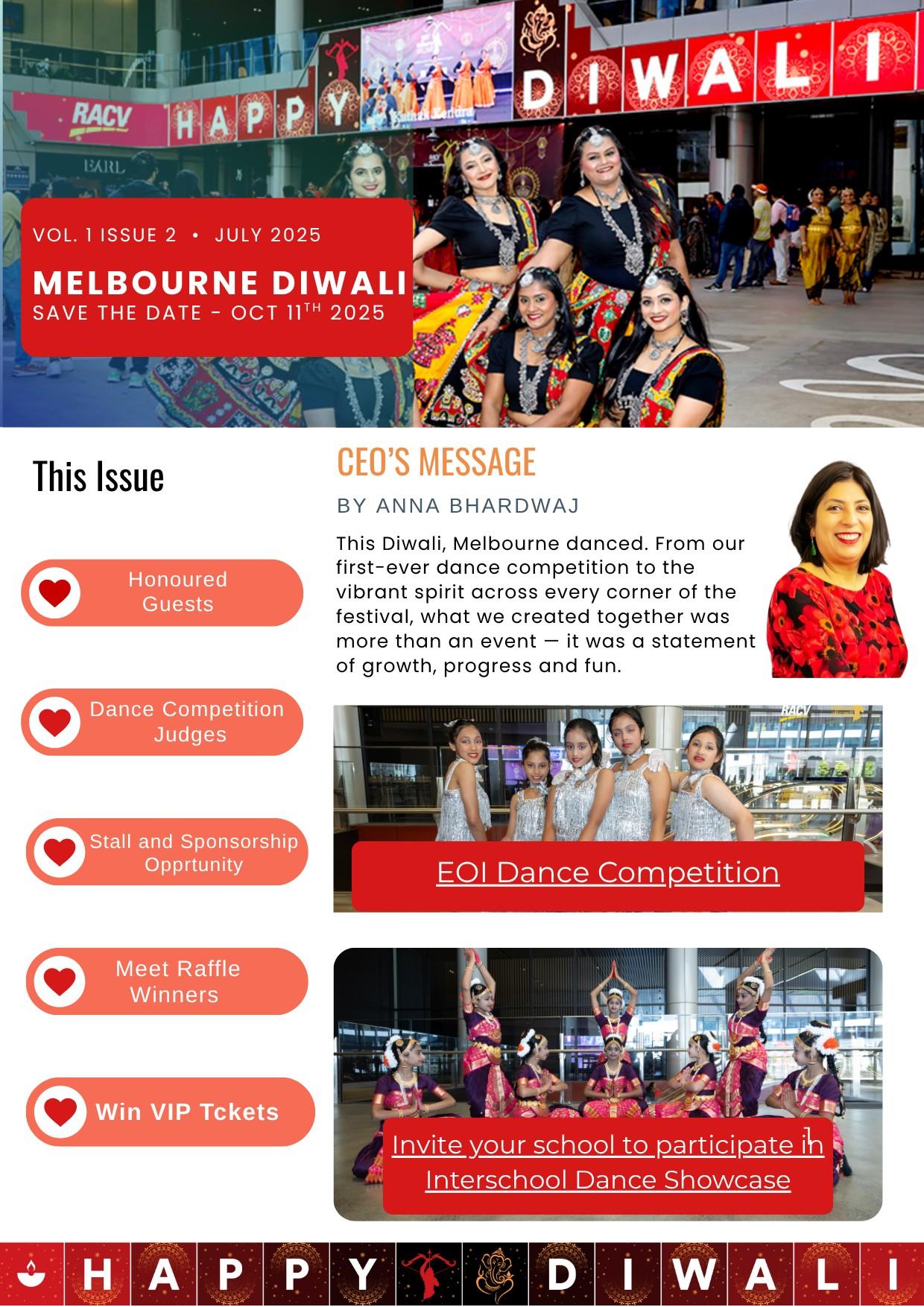 Cover of the July 2025 Melbourne Diwali newsletter