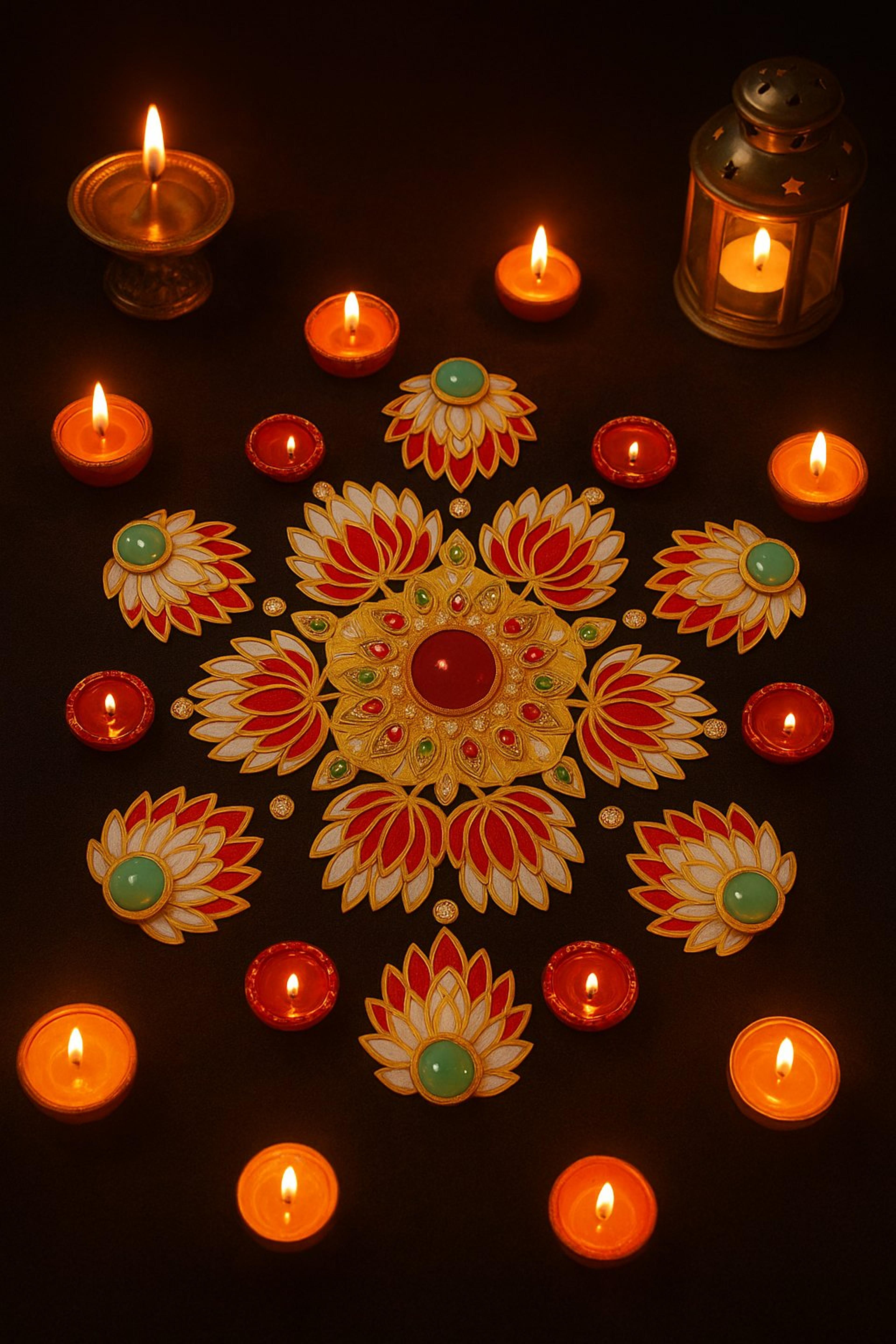Floral rangoli with lit diyas