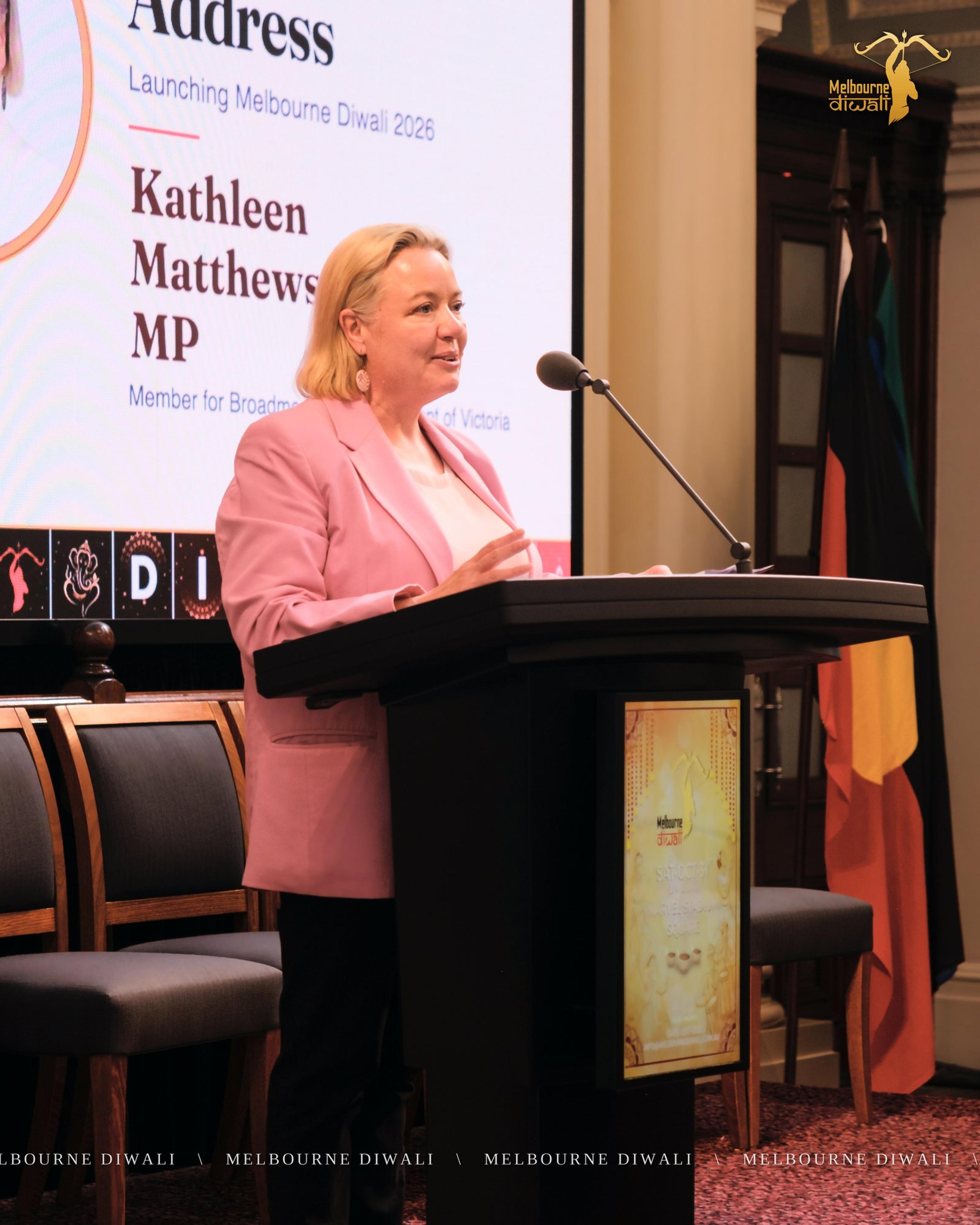 Kathleen Matthews-Ward MP, Member for Broadmeadows, addresses the Launch beside her name slide