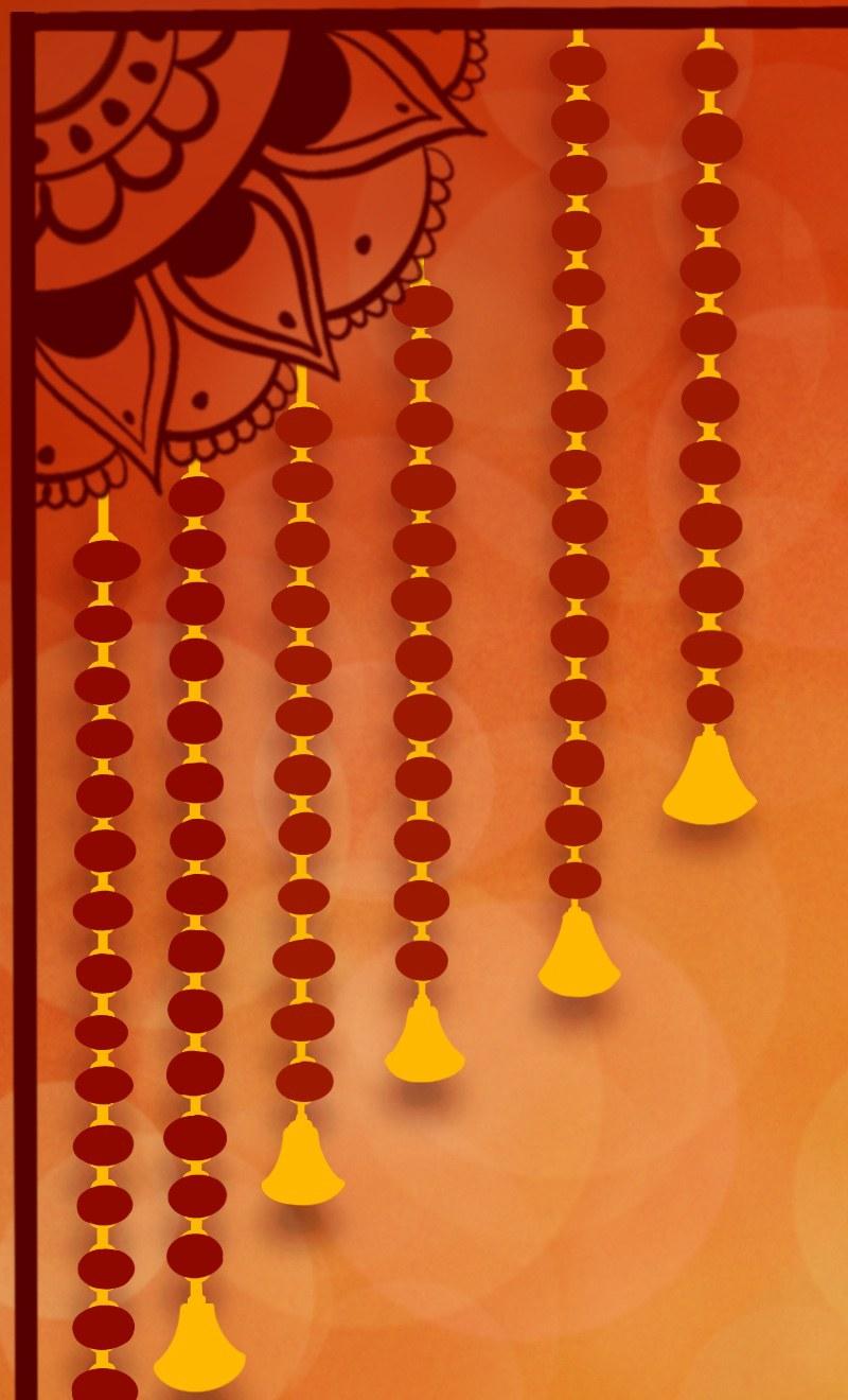 Detail of the poster: strings of red and gold garlands with golden tassels hanging from the top corner