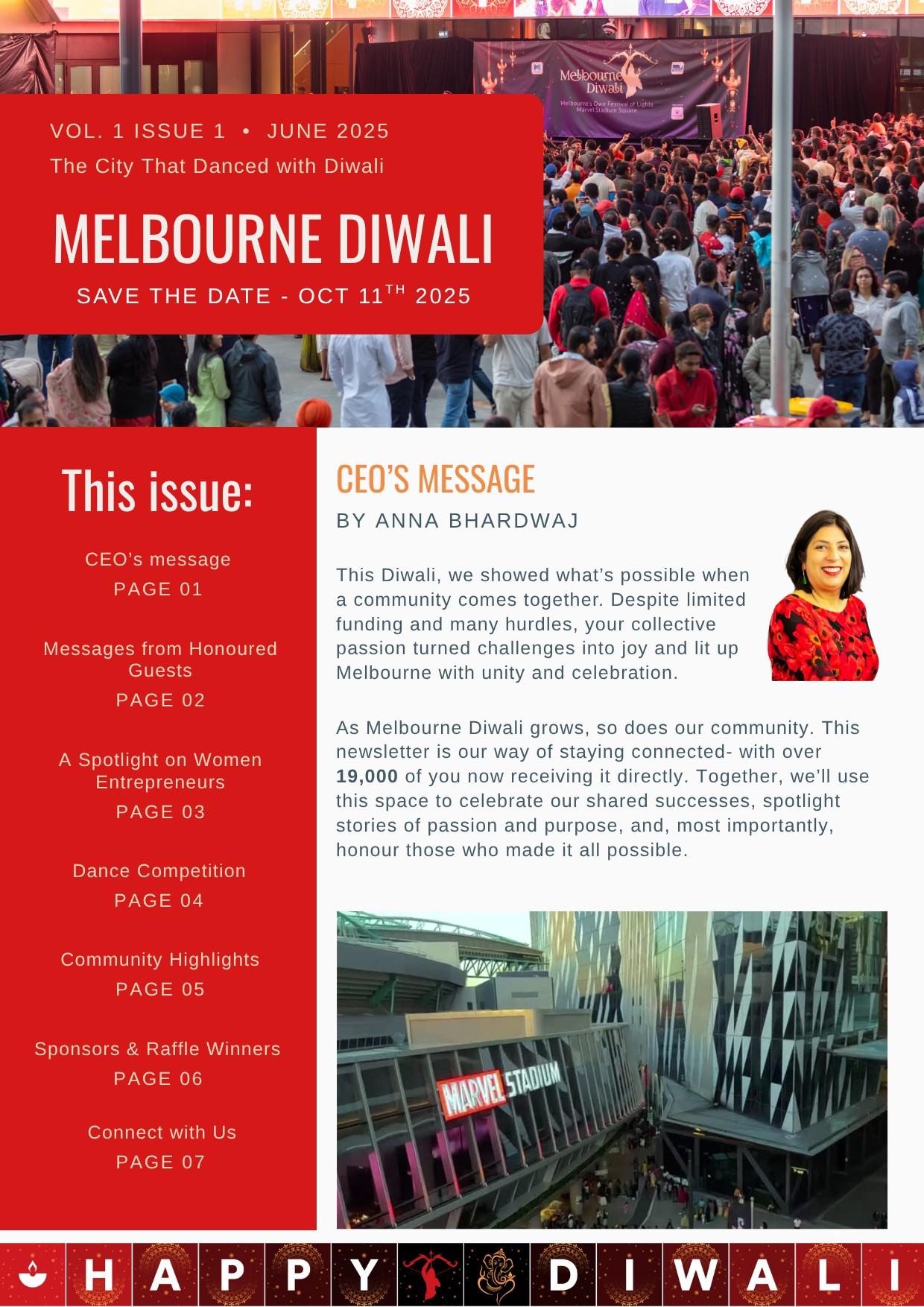 Cover of the June 2025 Melbourne Diwali newsletter
