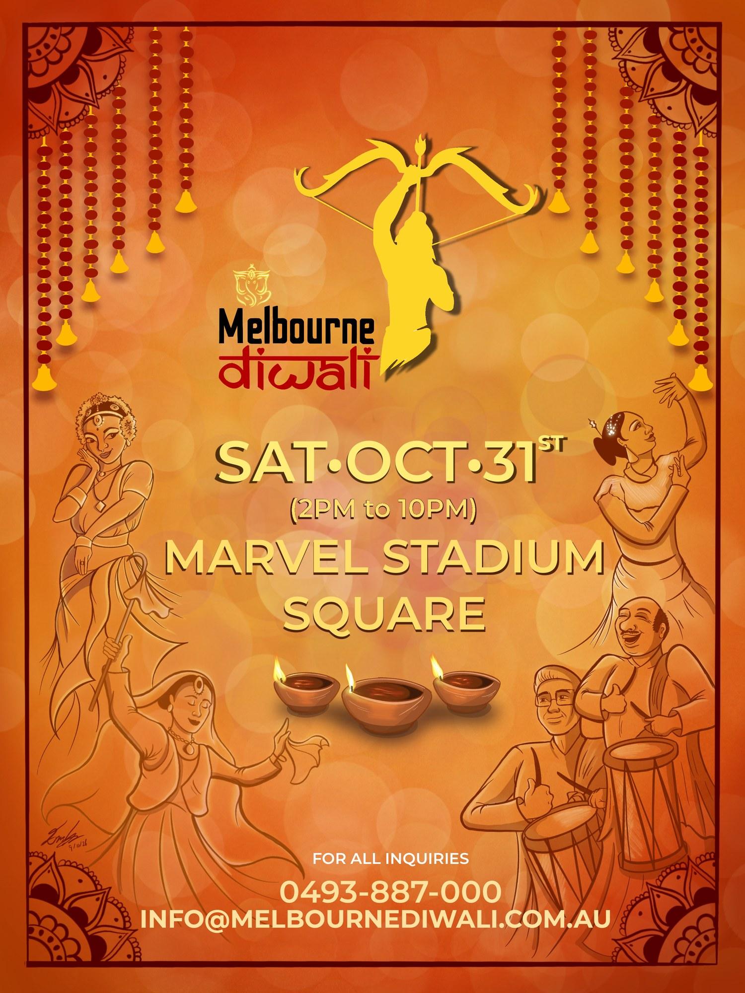 Melbourne Diwali 2026 poster by Emma Clarke: dancers, dhol drummers and three diyas on a warm orange ground, with Saturday 31 October and Marvel Stadium Square.