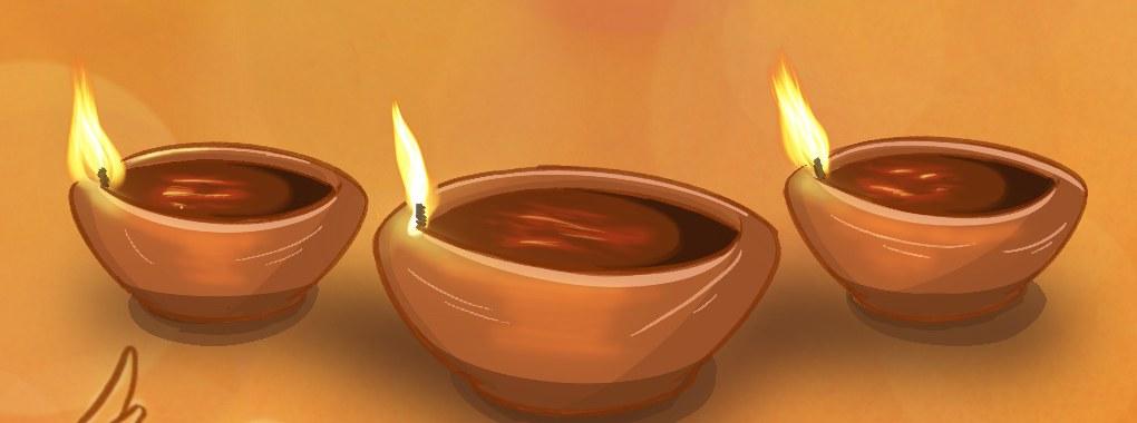 Detail of the poster: three lit clay diyas