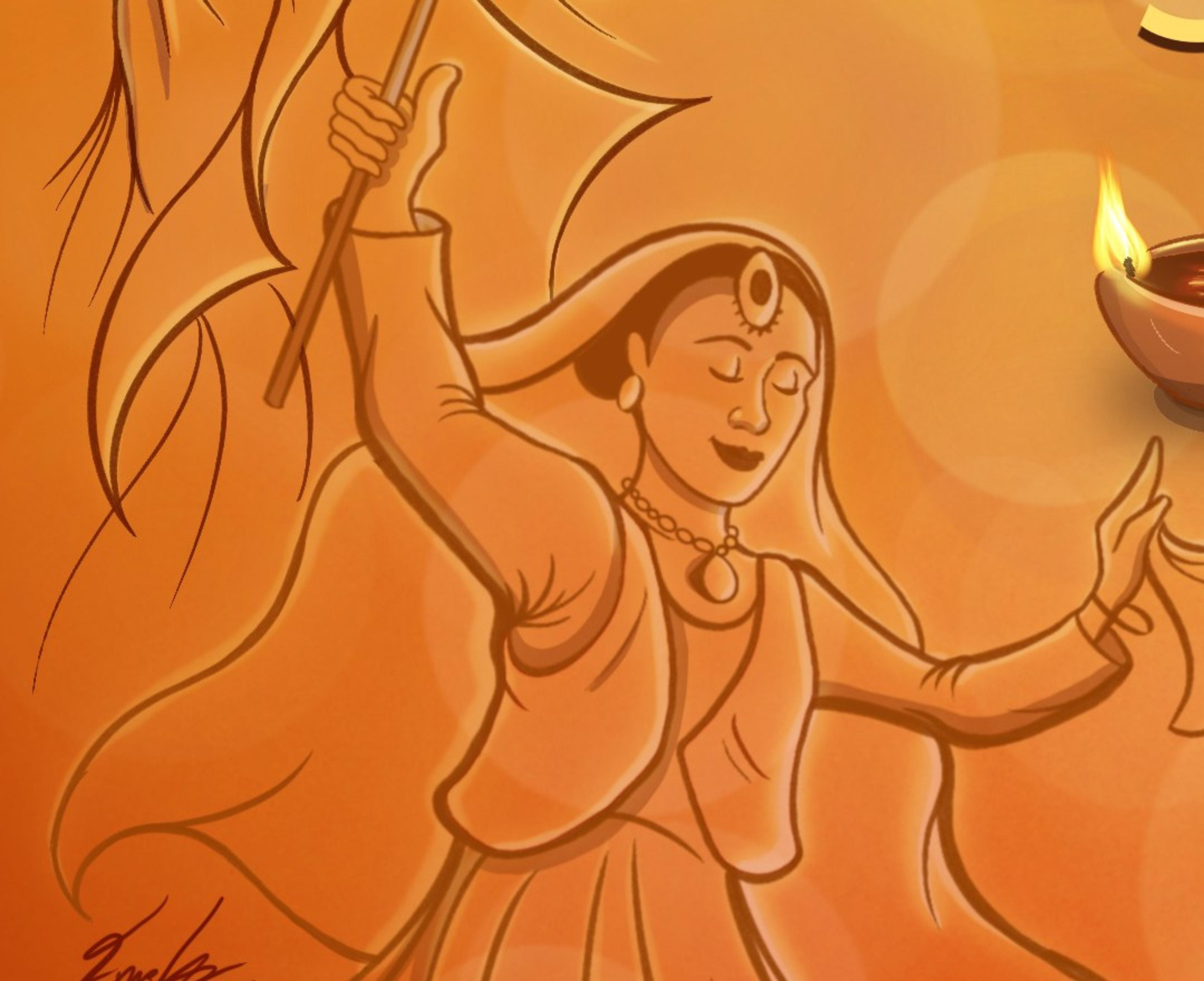 Detail of the poster: a dancer in a veil, eyes closed, holding a scarf, with a flag raised behind