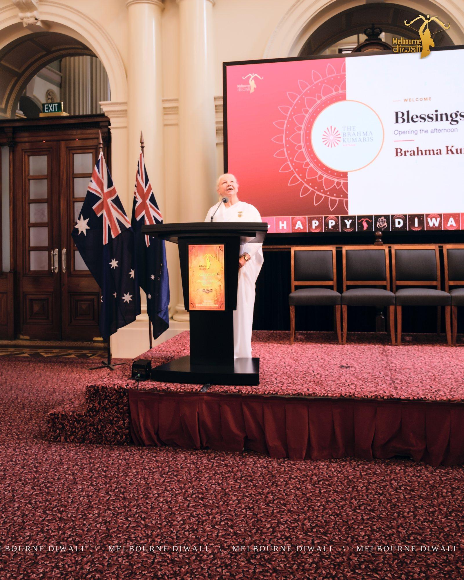 The Brahma Kumaris open the Launch with blessings at the lectern