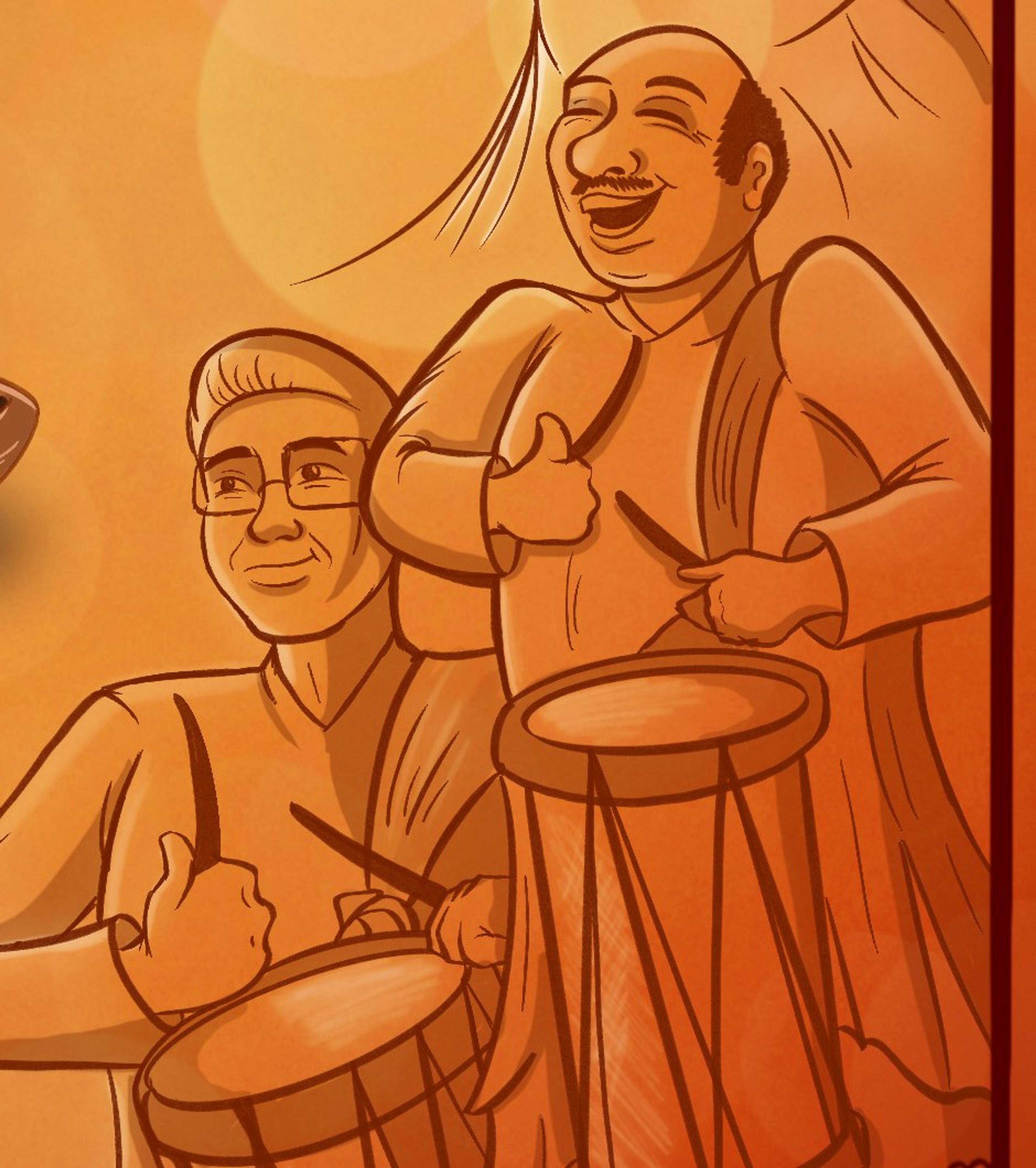 Detail of the poster: two smiling drummers playing the dhol