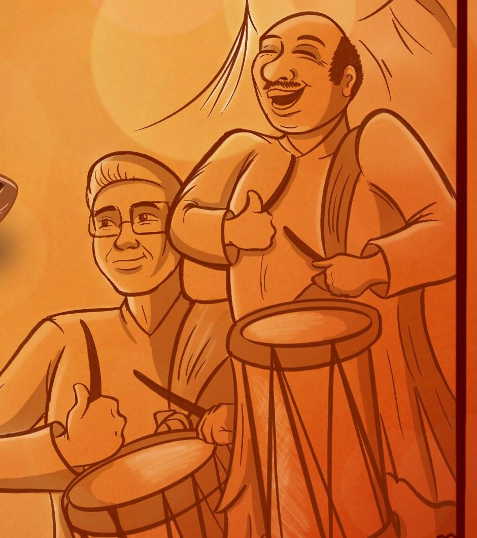 Detail of the poster: two smiling drummers playing the dhol