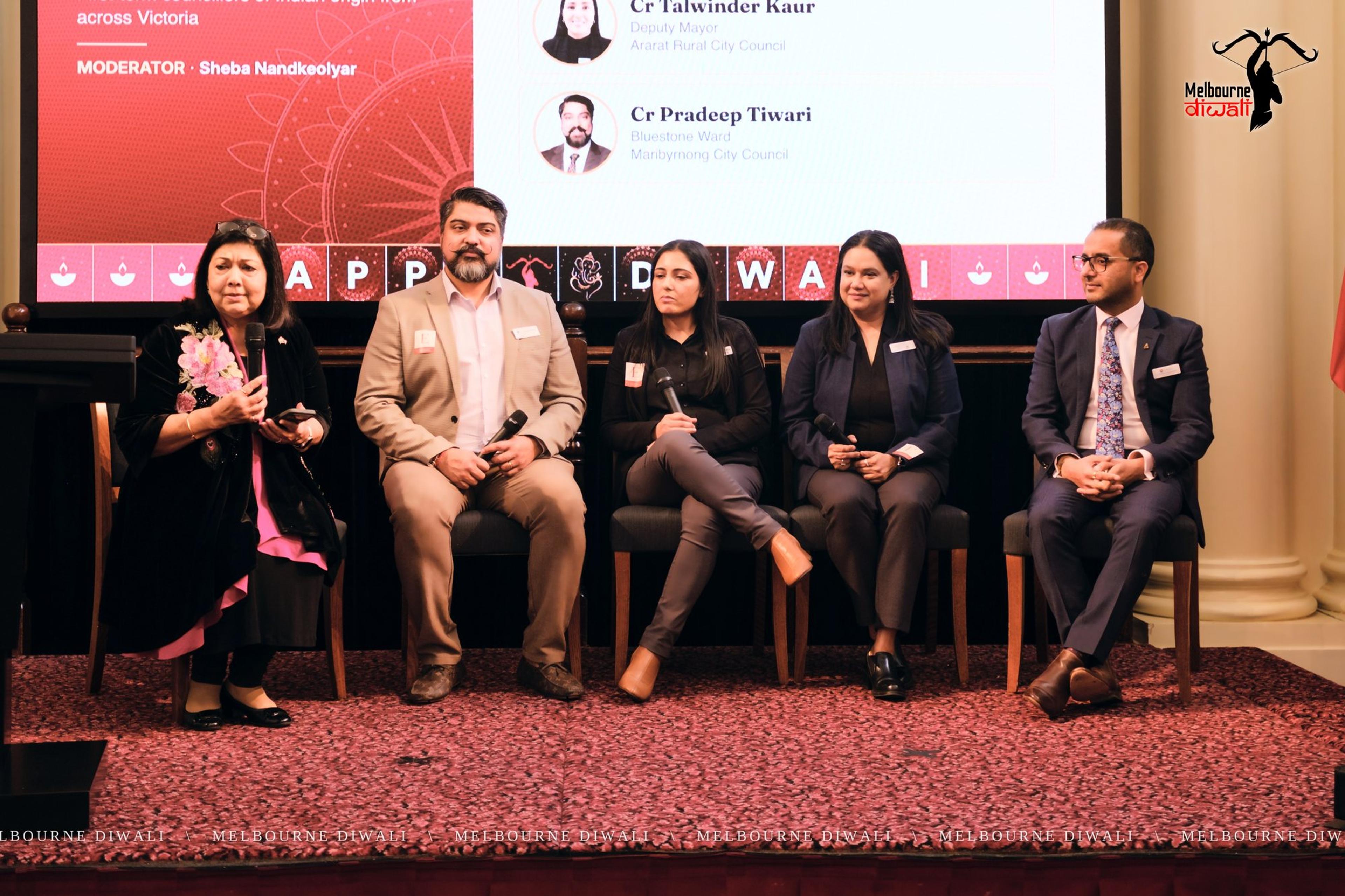 The councillors' panel seated on stage with the moderator, Sheba Nandkeolyar