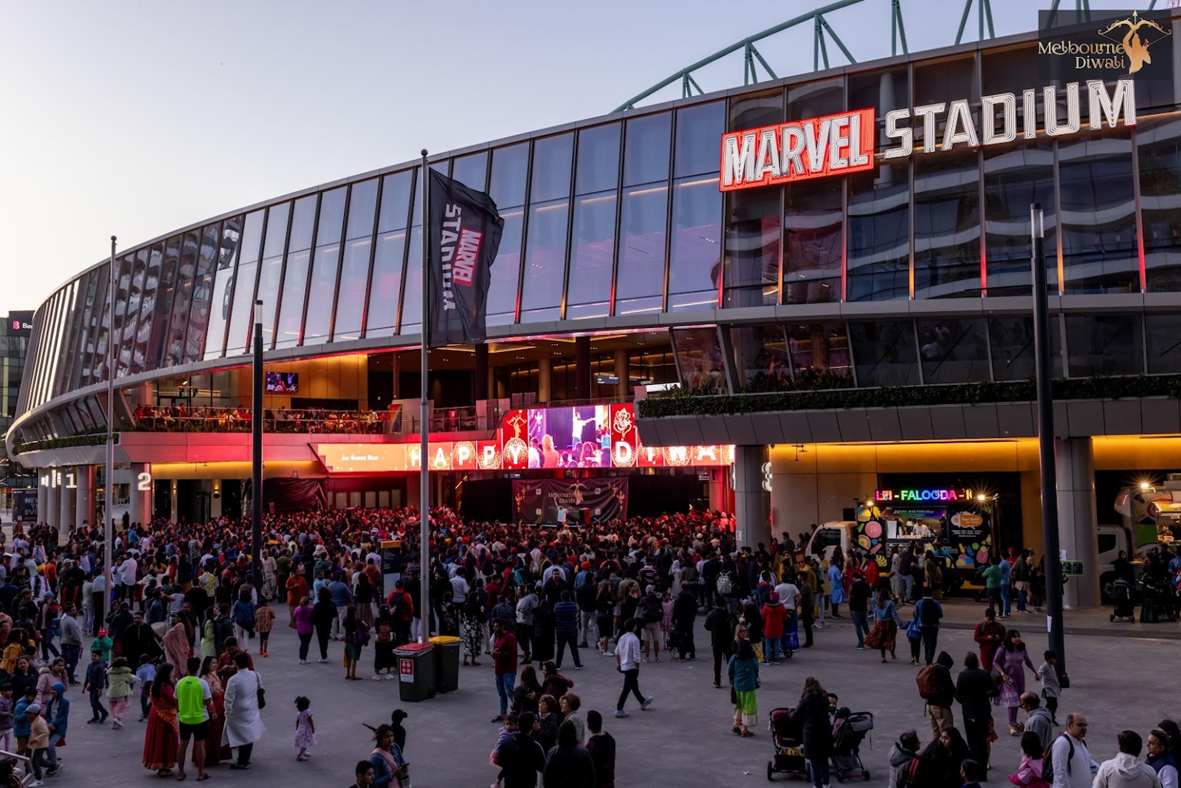 Marvel Stadium exterior overlooking festival visitors at Melbourne Diwali 2023