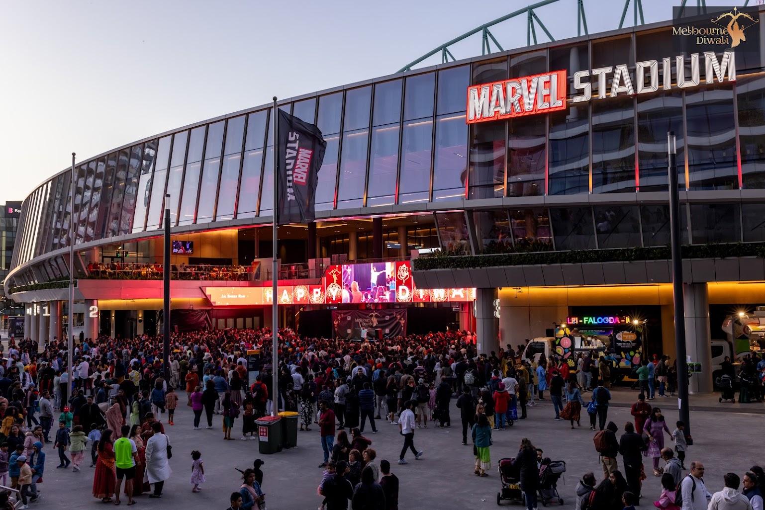 Marvel Stadium exterior overlooking festival visitors at Melbourne Diwali 2023