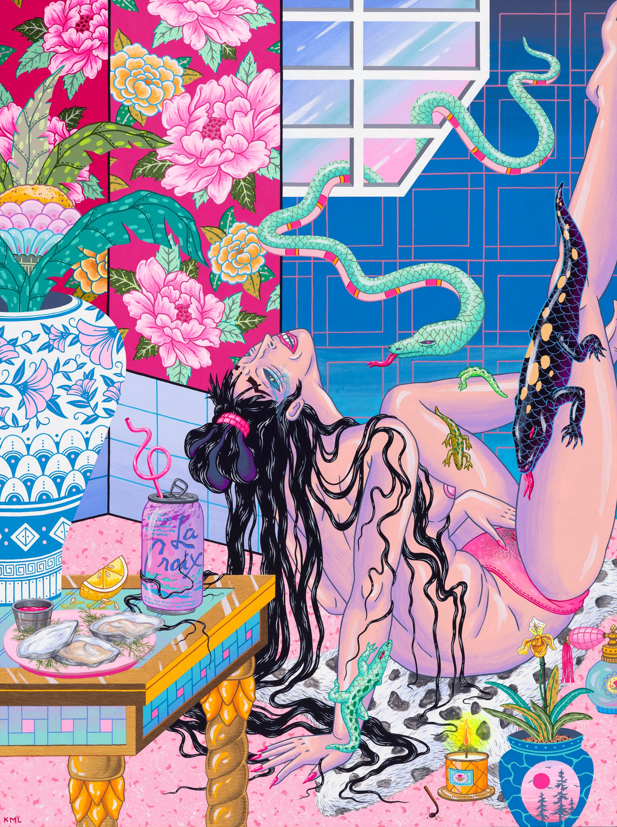 Kristen Liu-Wong's painting titled My Fingertips Were Tingling depicts a mostly nude woman wearing hot pink panties laying on the ground on a leopard print rug with lizards and snakes all over and around her, while she pleasures herself with one hand.