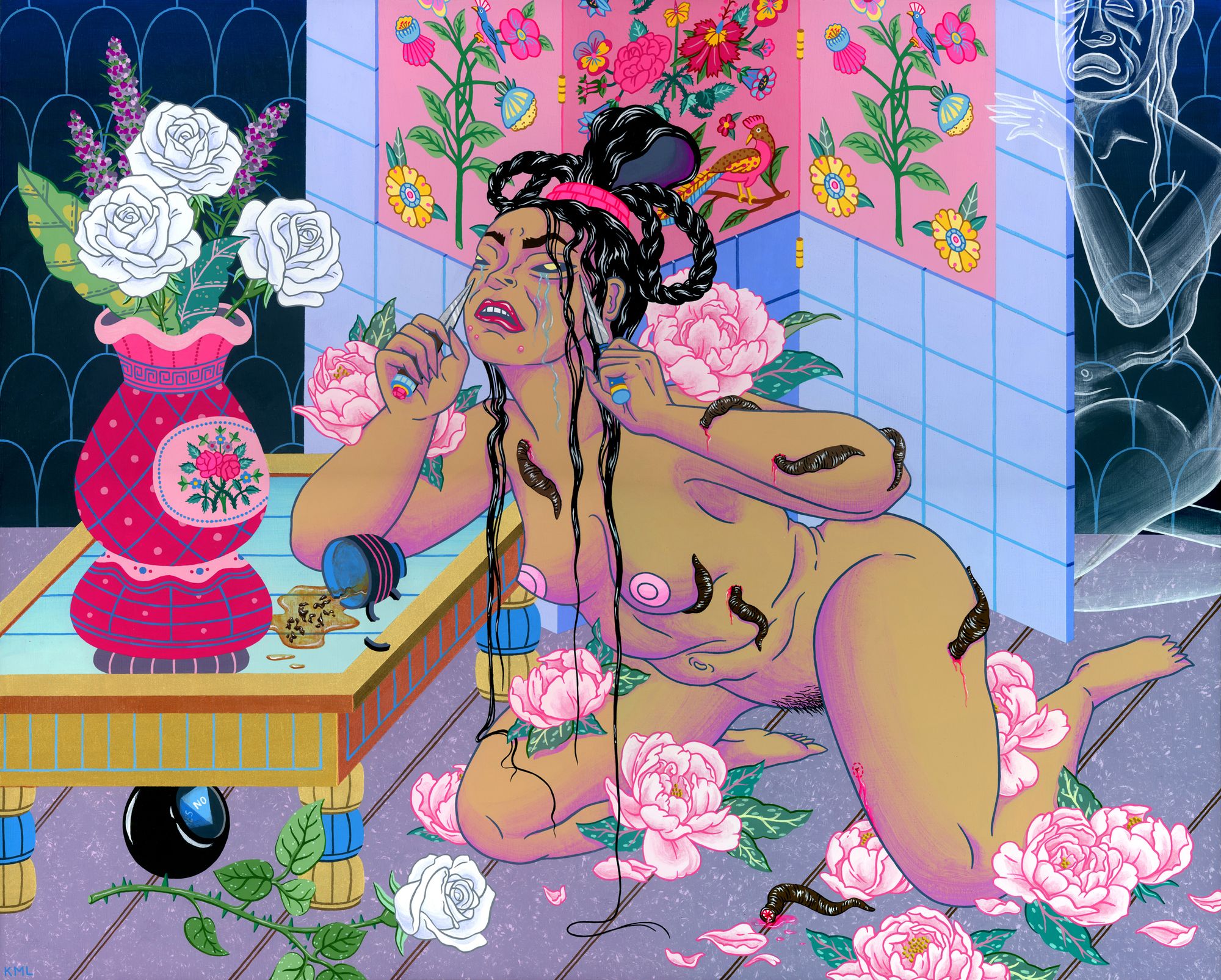 Painter and illustrator Kristen Liu-Wong's painting titled A Beastly Thing depicts a nude woman sitting on the ground leaning on a gilded coffee table. She is covered head to toe in leeches and surrounded by pink peony flowers.