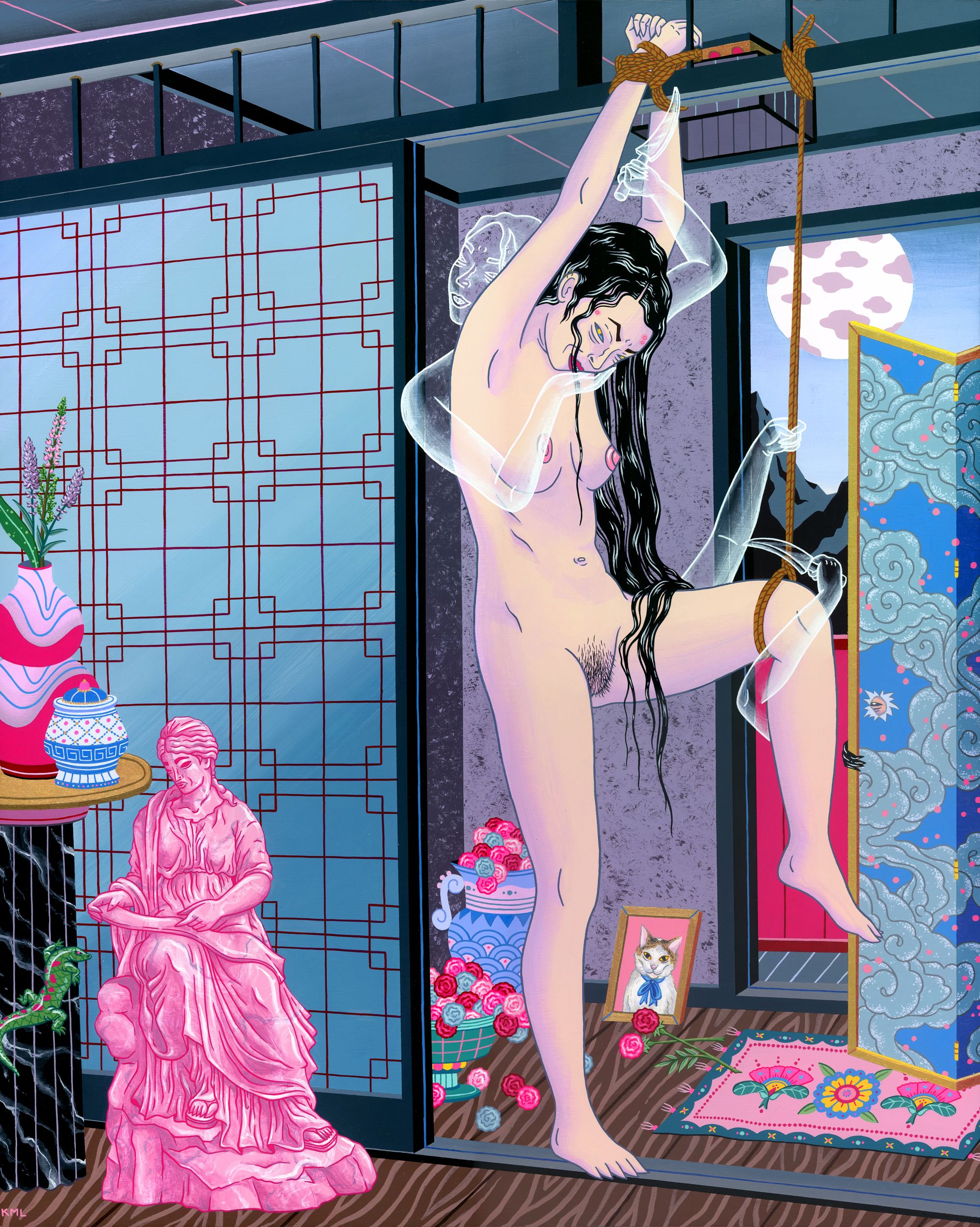 Painter and illustrator Kristen Liu-Wong's painting titled Love Letter To A depicting a nude raven-haired woman with her wrists bound and tied by rope to a ceiling beam, embraced by a ghost-like shadow. 