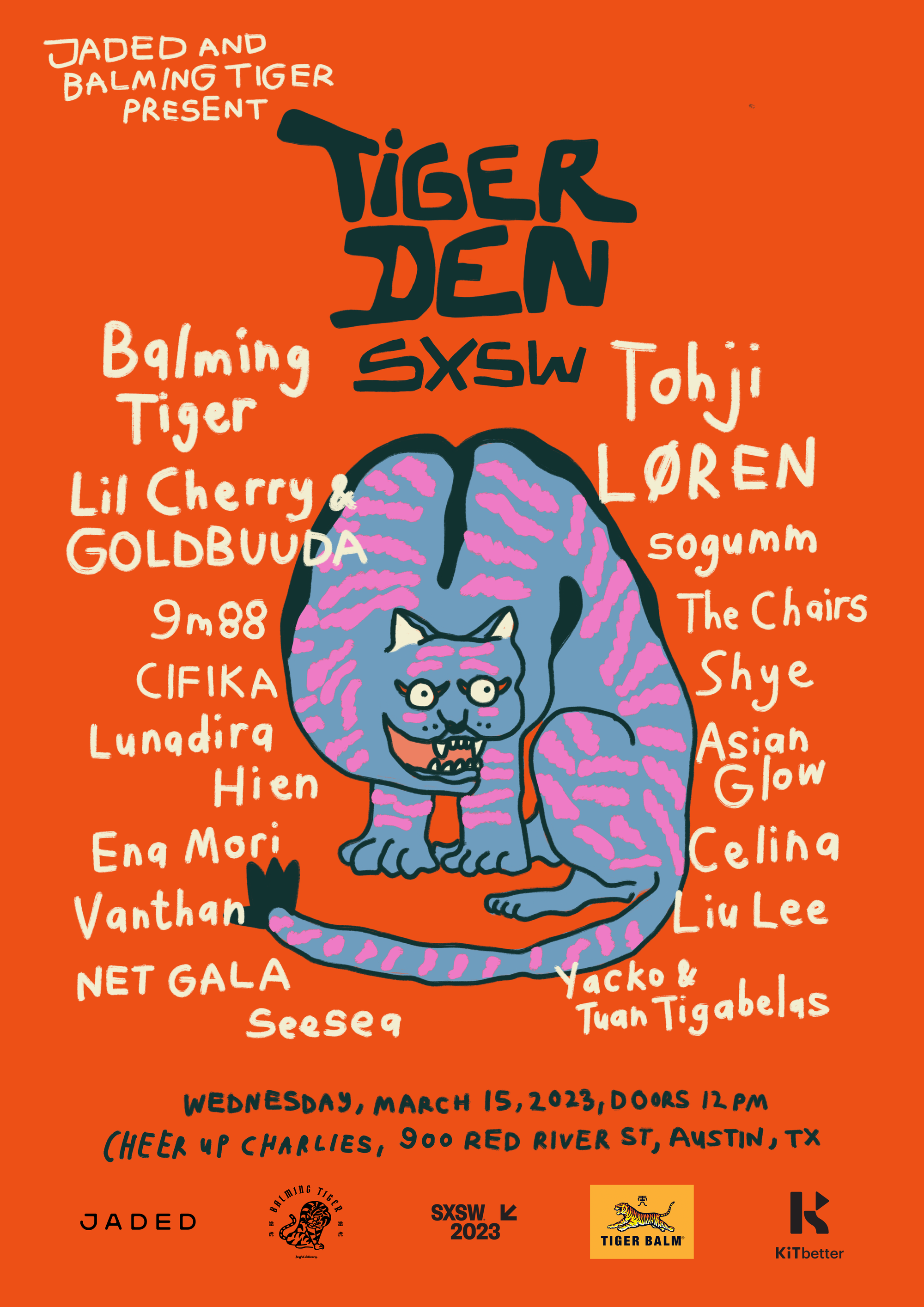 Lineup poster for Jaded and Balming Tiger present: Tiger Den at SXSW 2023, featuring 19 acts from throughout Asia. 