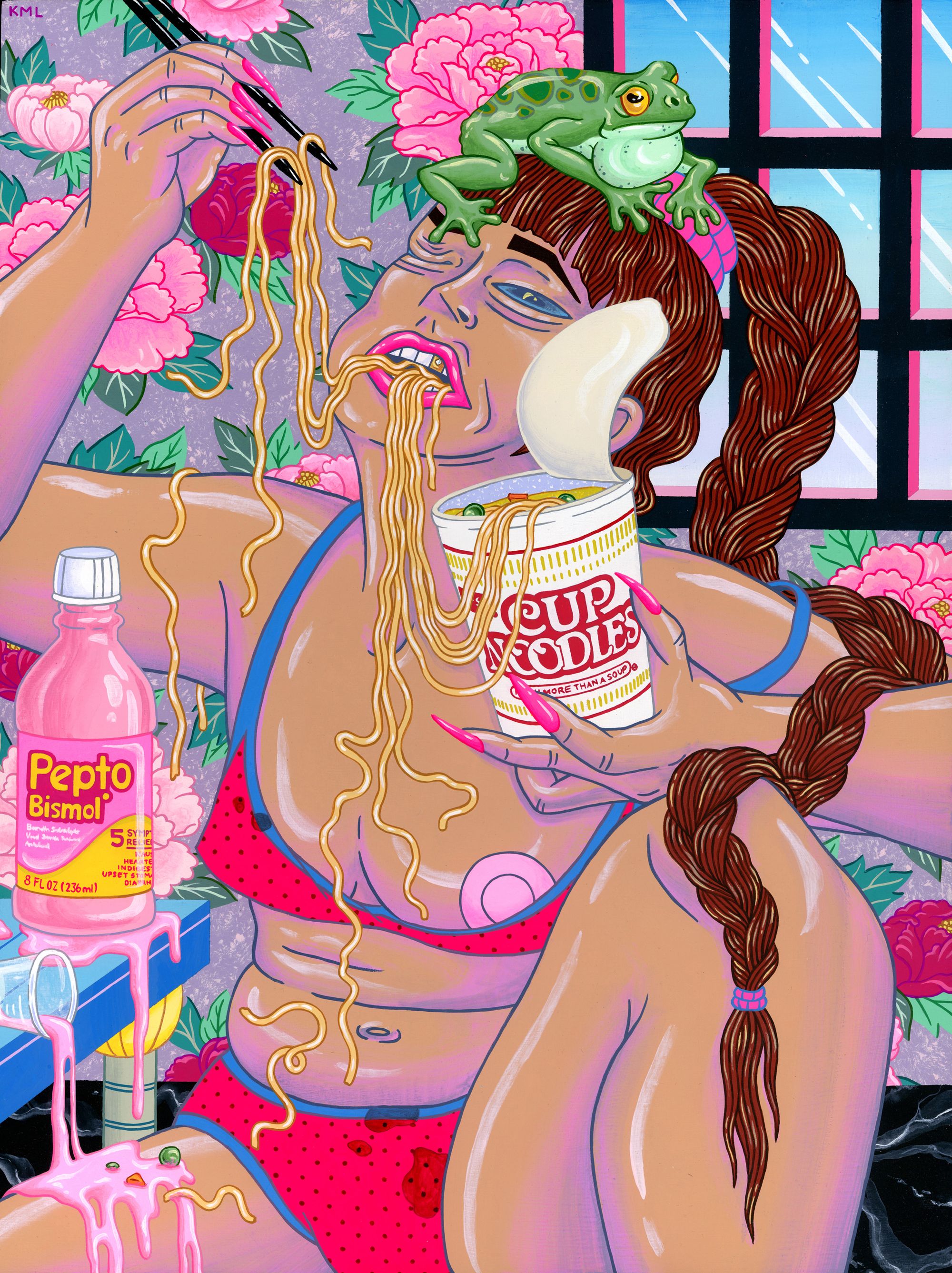 Artist Kristen Liu-Wong's painting titled Until I Pop, depicting a woman wearing a red bra and panty set, sitting on the ground next to a coffee table, eating a cup of ramen noodles with chopsticks, with a spilled bottle of Pepto Bismol next to her.