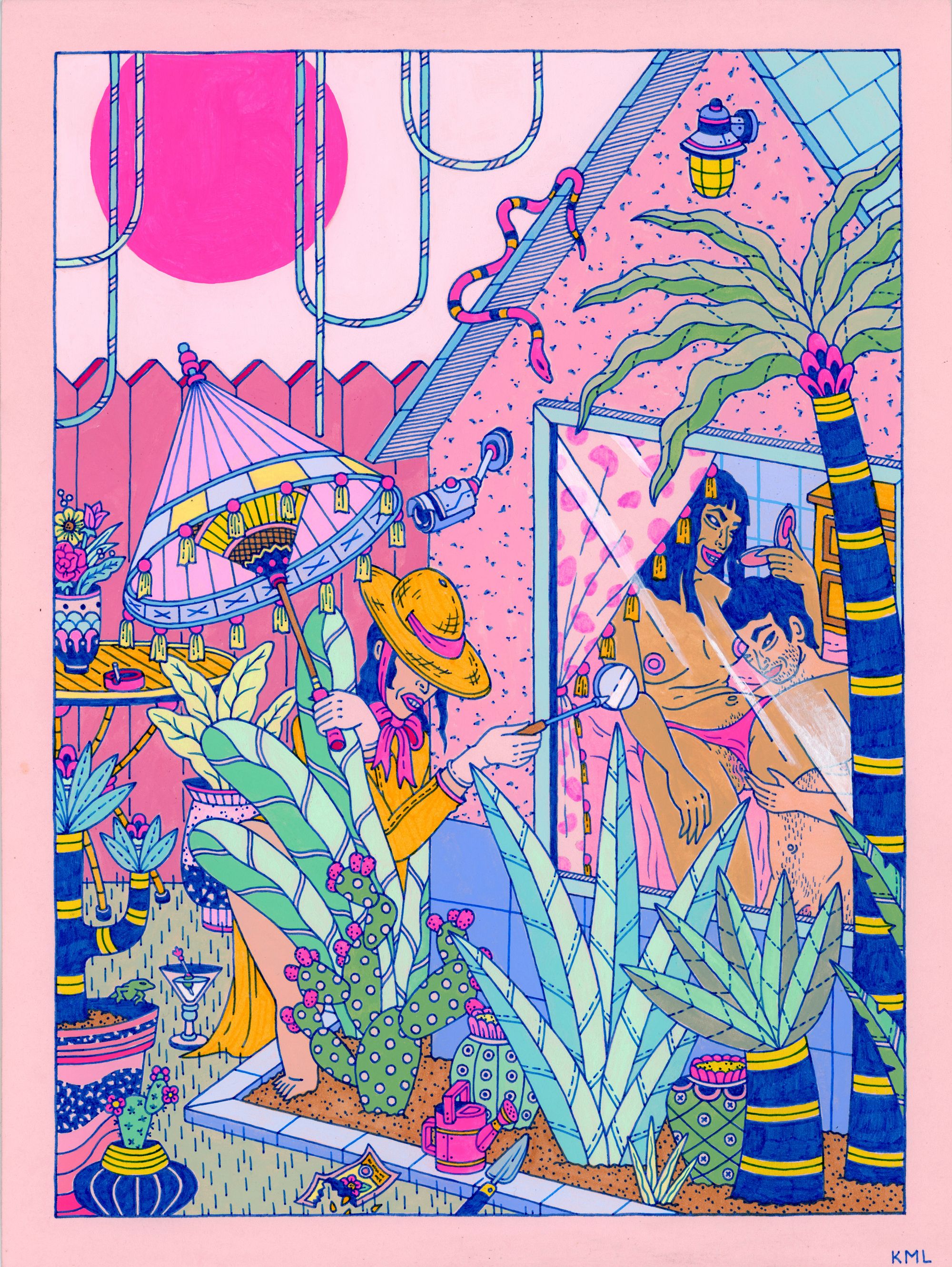 Artist Kristen Liu-Wong's painting titled The Watchers depicts a nude couple in the act of making love, visible through a window with the curtains drawn, with a Voyeur hiding in the cactus plants outside the window wearing a yellow hat.