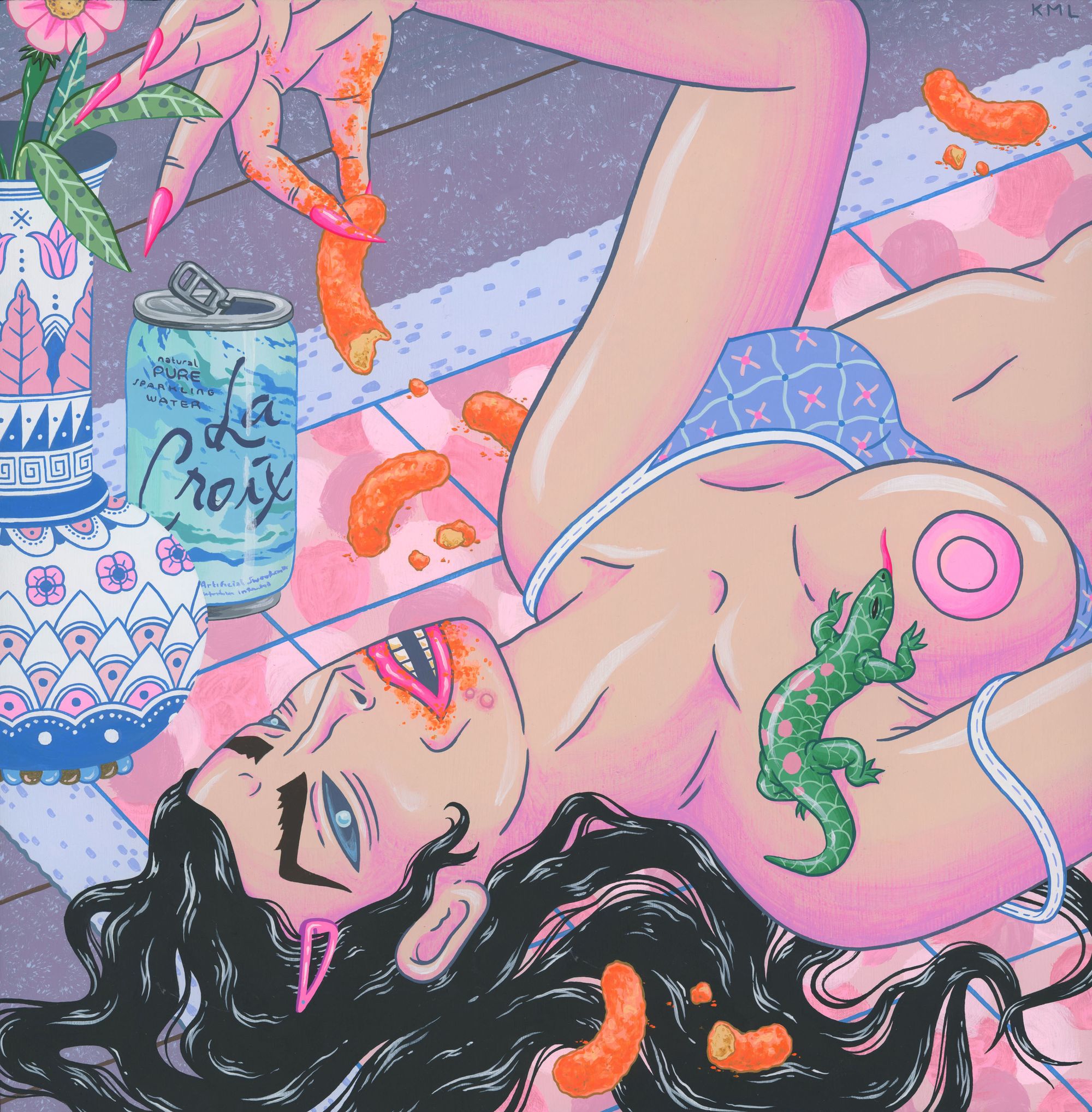 Kristen Liu-Wong's painting called The Craving depicts a raven-haired woman laying on the ground eating cheese puffs.