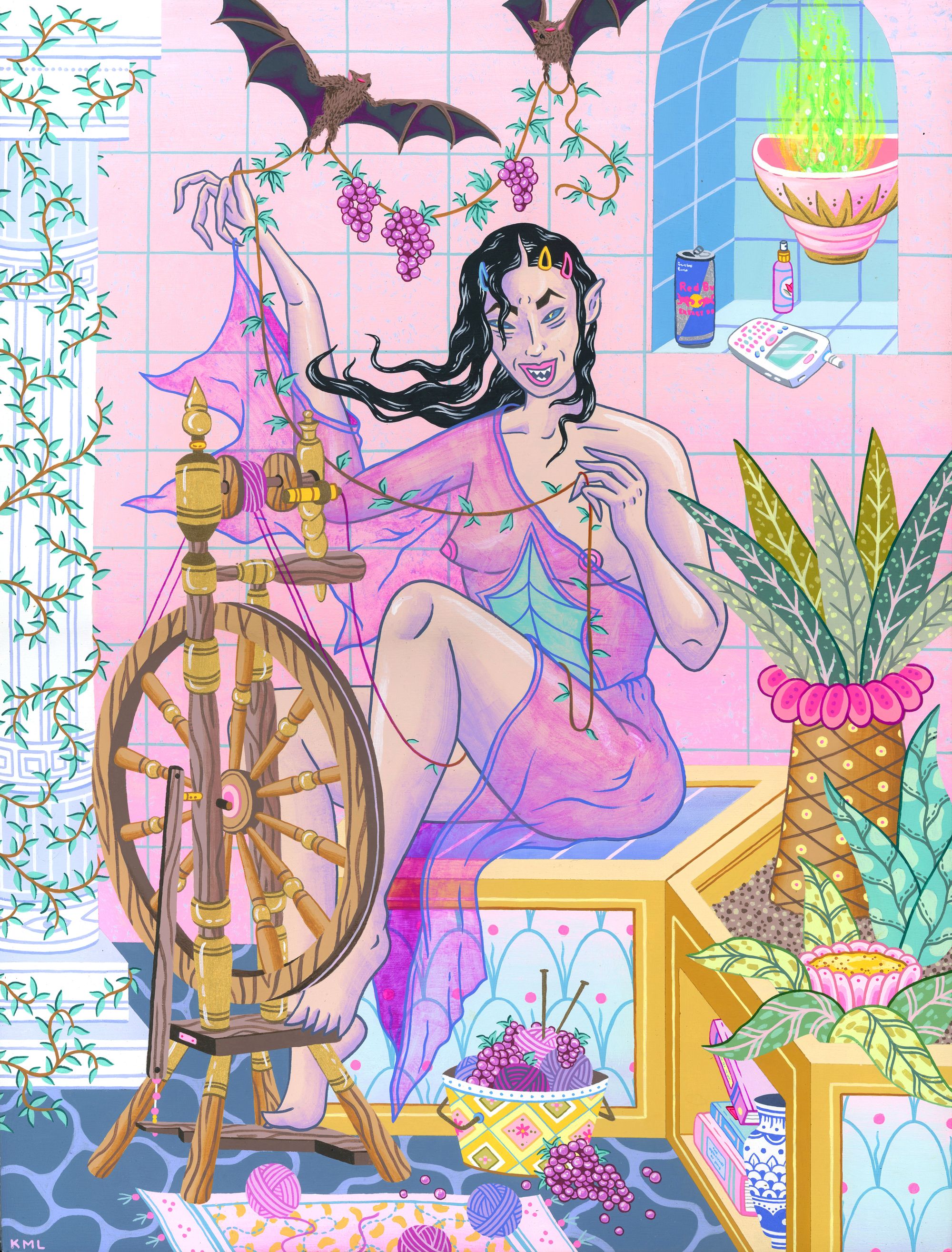 Artist Kristen Liu-Wong's painting titled Spinning Yarns depicts a raven-haired woman sheathed in a swath of sheer pink fabric, sitting behind a spinning wheel, spinning pink yarns. She is surrounded by plants, and has two bats dangling three clusters of grapes above her head.