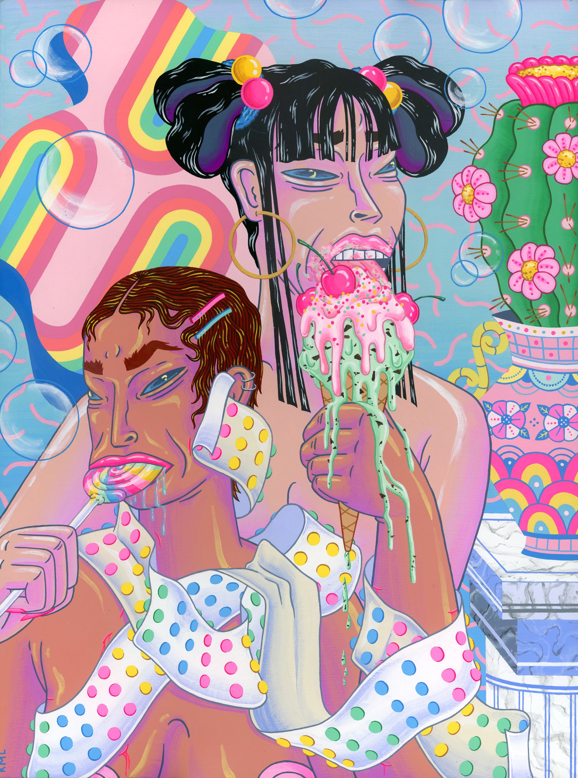 Painter and illustrator Kristen Liu-Wong's painting titled The Sugar Rush depicts two nude women from the chest up surrounded by clear bubbles and both consuming sweets - one a lollipop and one an ice cream cone. 